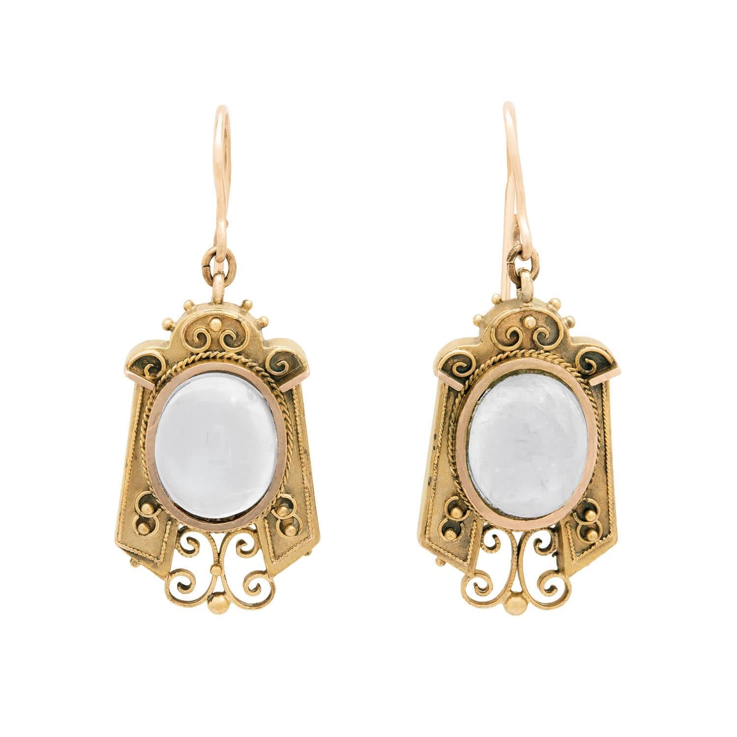 14K Gold Victorian Moonstone Etruscan Dangle Earrings - Elegant Vintage Jewelry for Women, Perfect for Weddings, Parties & Special Occasions