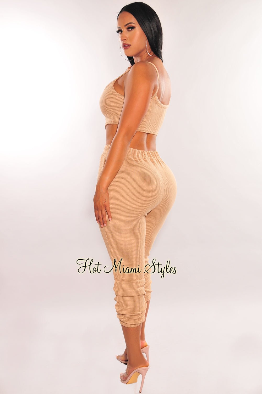HMS Lounge: Women's Mocha Textured Tank Top & Joggers Pants 2-Piece Set - Soft Loungewear for Yoga, Running & Casual Outfits