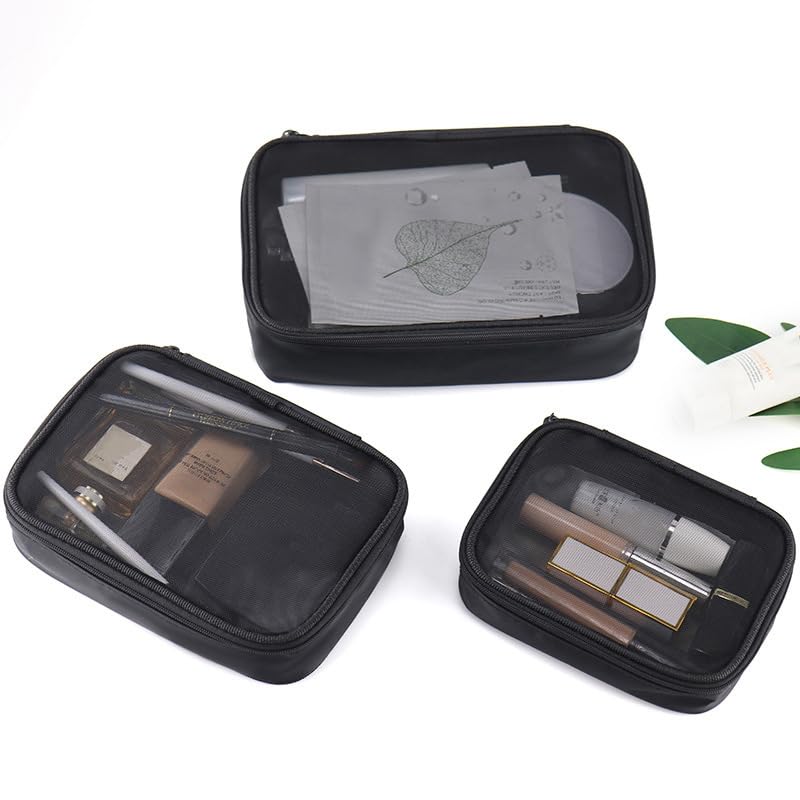 3-Piece Mesh Makeup Bag Set with Zipper - Small, Medium & Large Lightweight Cosmetic Organizer for Travel, Gym & Daily Essentials Storage