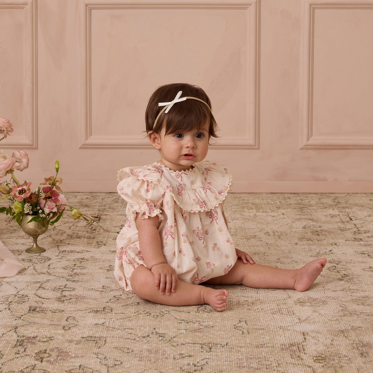 Eva Romper with Bow - Floral Ditsy Print - Natural Cotton Baby Outfit for Girls - Perfect for Spring Photoshoots & Casual Playdates