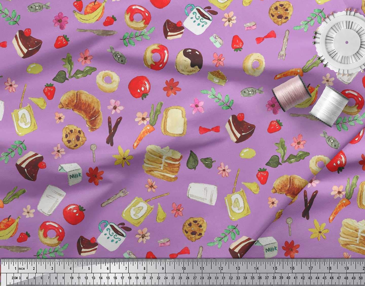 Soimoi 42 Inch Wide Purple Silk Fabric by The Yard - Fruits, Bread & Donut Printed Textile for Dresses, Scarves & DIY Crafts - Vibrant Food Pattern Design for Fashion Sewing Projects