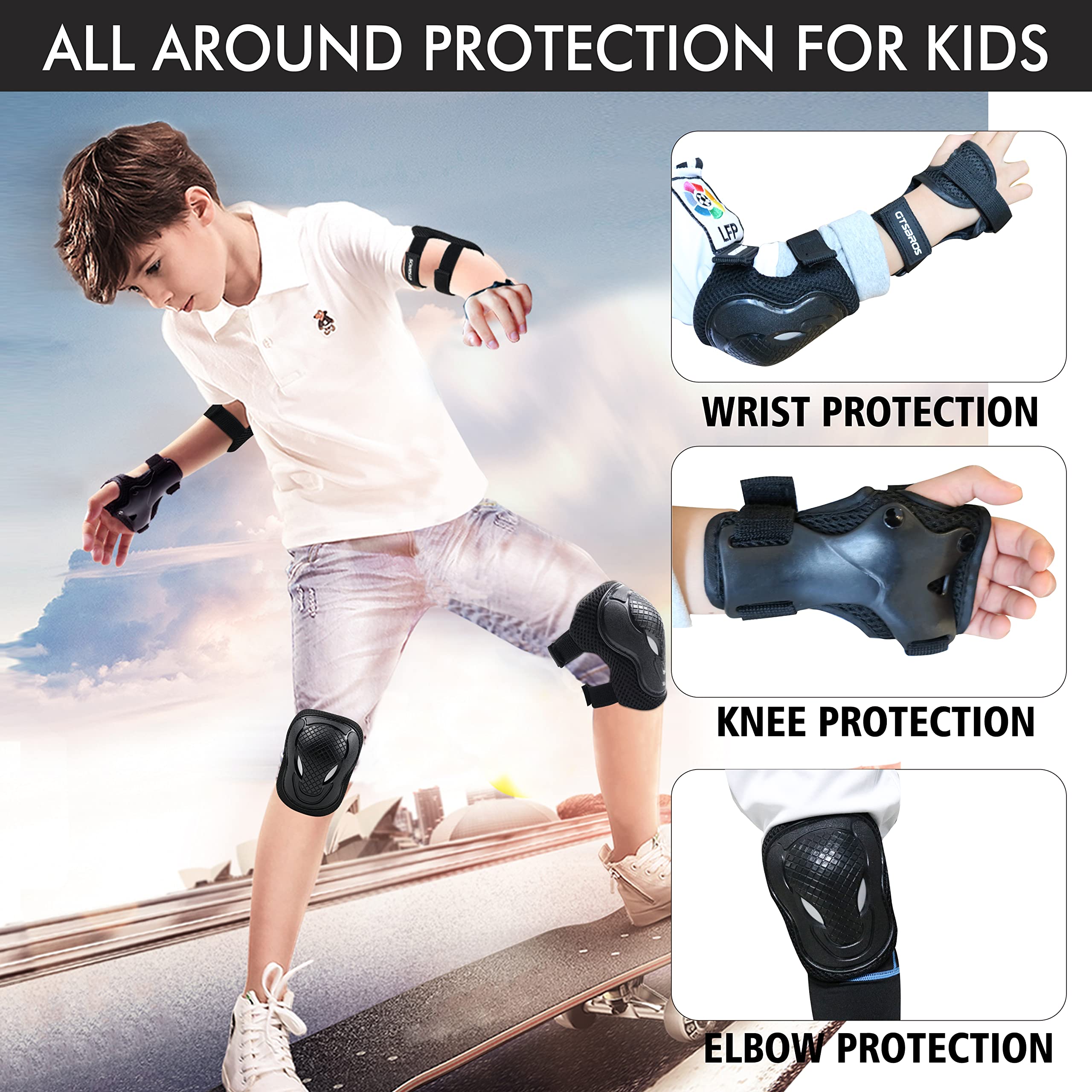 Best Kids Knee Pads & Elbow Pads Set - 6-in-1 Protective Gear with Wrist Guards for Boys & Girls - Ideal for Skateboarding, Roller Skating, Cycling & Scooter Riding (Black) - Perfect for Outdoor Sports & Playground Safety