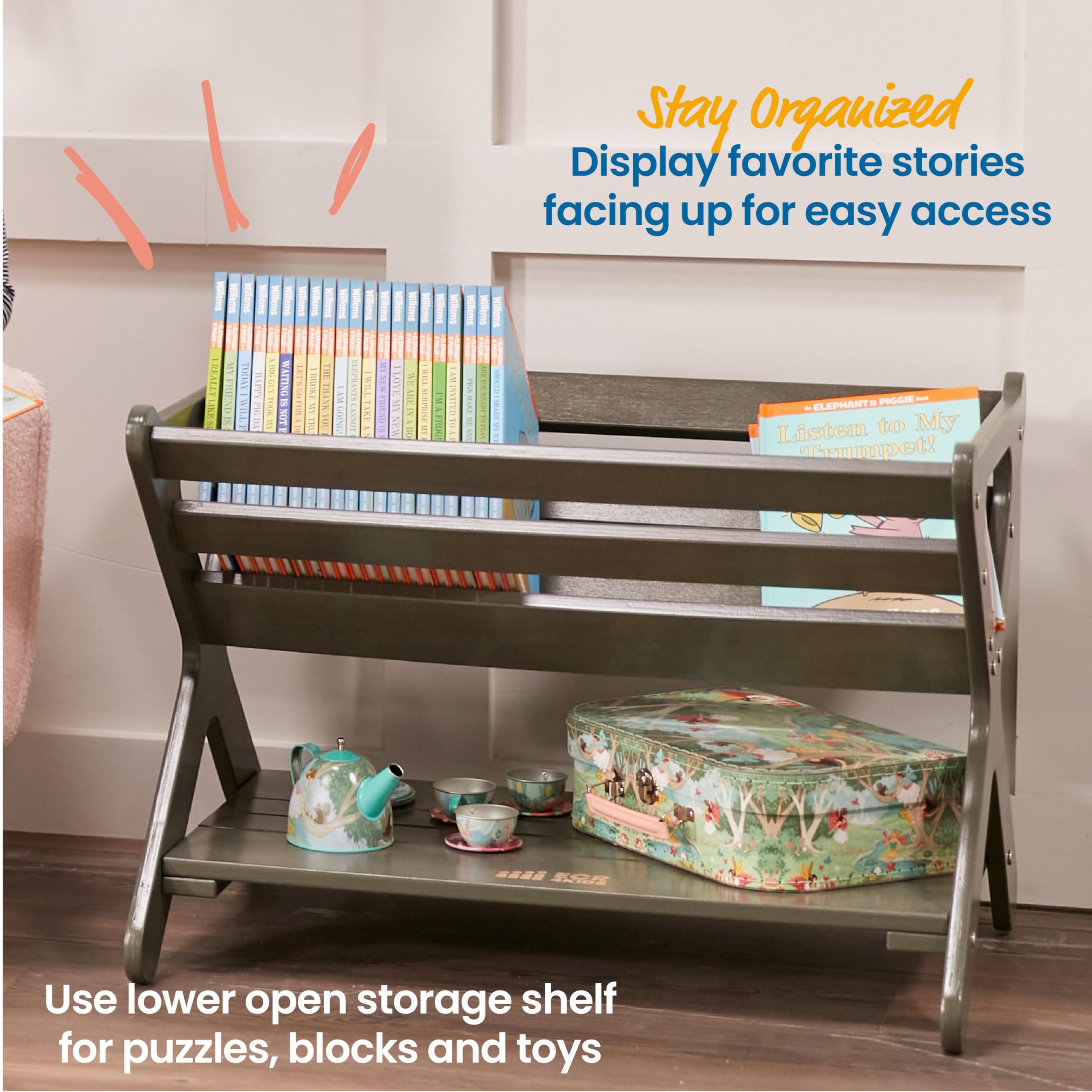 ECR4Kids Grey Wash Book Caddy with Shelf - Wooden Storage Bookshelf for Kids Classroom, Nursery, or Home Organization - Perfect for Books, Toys, and School Supplies