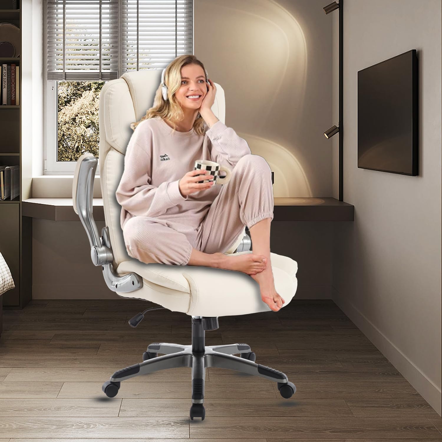 Ergonomic High Back Office Chair with Flip-Up Arms, PU Leather Executive Desk Chair with Wheels & Lumbar Support - 90-120° Adjustable Rocking Swivel Chair for Home Office, Gaming & Computer Work (Beige)