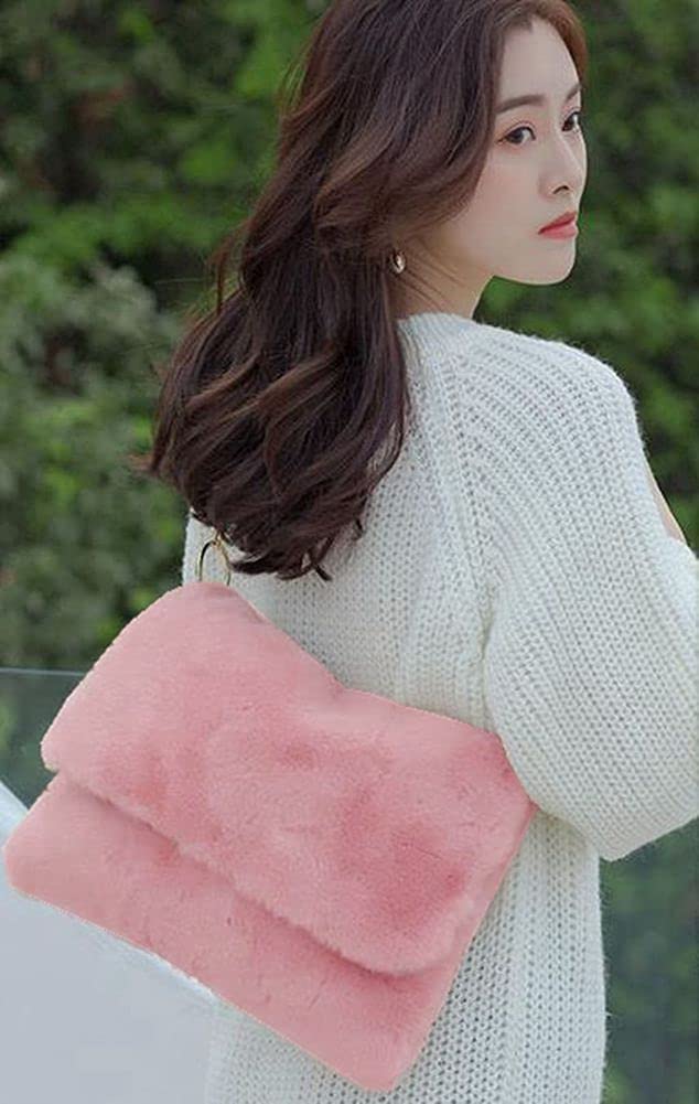 Women's Soft Faux Fur Shoulder Bag - Fuzzy Leopard Print Handbag, Plush Tote & Clutch Purse (Pink) | Stylish Winter Accessory for Casual Outings & Parties