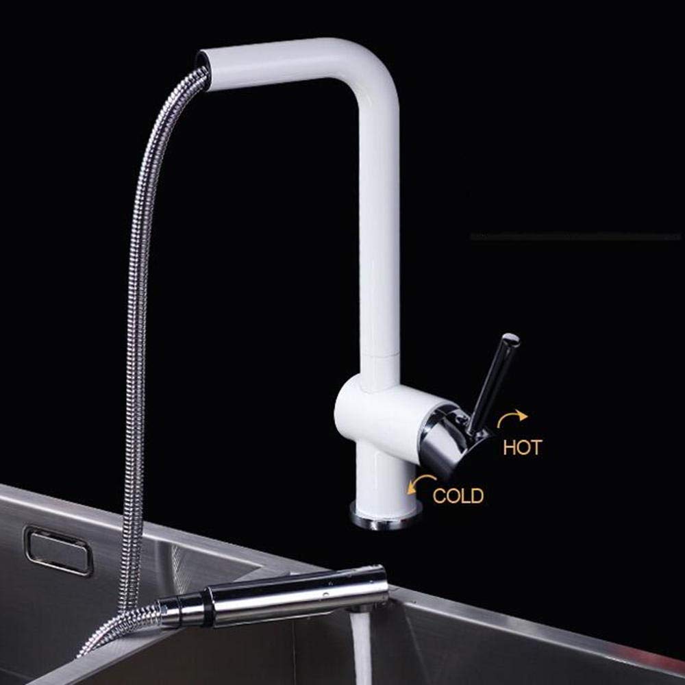 White Pull-Out Kitchen Faucet with Copper Hot & Cold Water Mixer - Perfect for Modern Kitchens, Dishwashing & Food Prep
