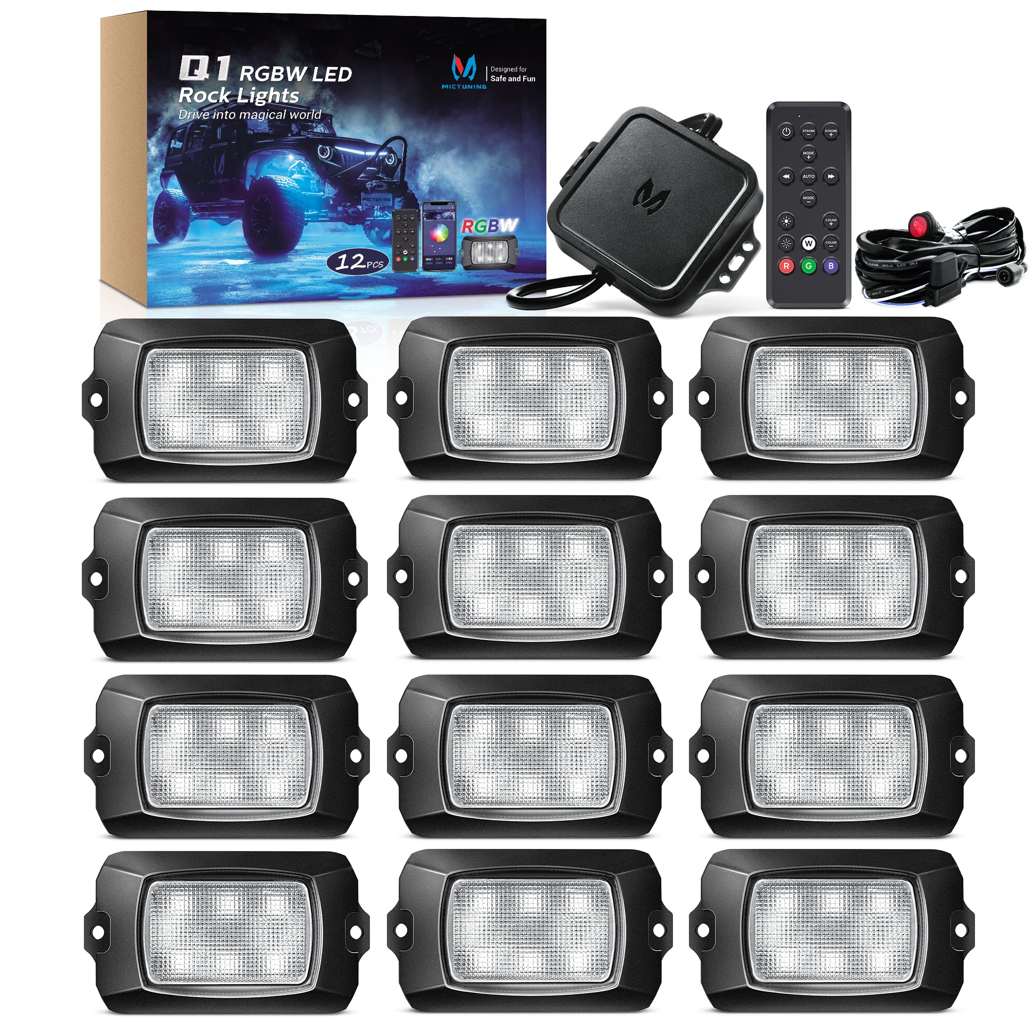MICTUNING Q1 RGBW LED Rock Lights - 12 Pods Underglow Multicolor Neon Lights with Bluetooth App & Remote Control | Waterproof Off-Road Lighting Kit for Trucks, ATVs, UTVs, SUVs | Perfect for Night Rides, Car Shows & Off-Road Adventures