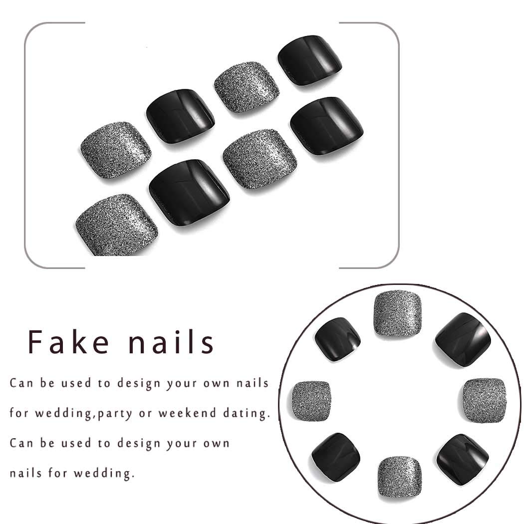 Outyua Glossy Black Short Square Press-On Nails - Shimmer Acrylic Full Cover False Toes for Women | Beach Party, Pedicure, Summer Vacation & Special Occasions