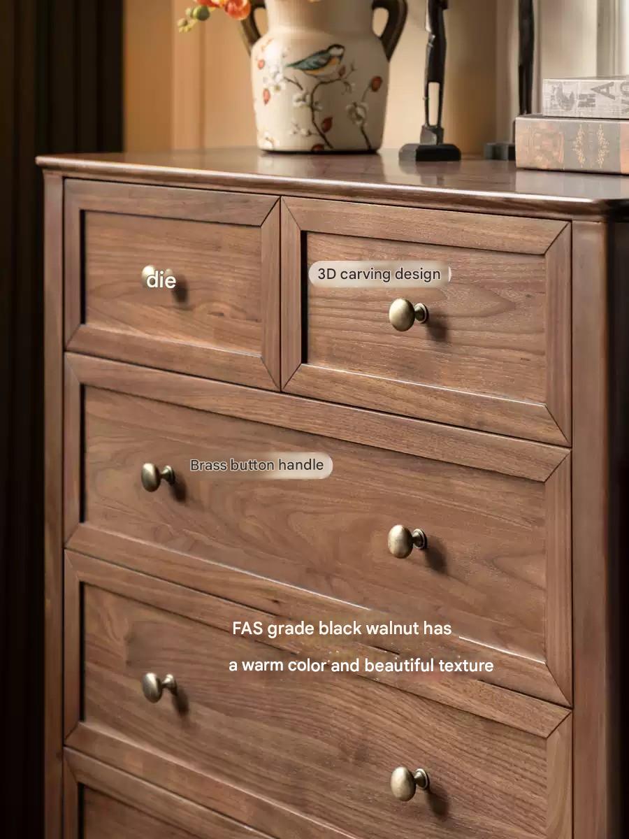 Solid Black Walnut Wood American Retro Dresser - Vintage 5-Drawer Chest for Bedroom, Living Room & Home Office Storage