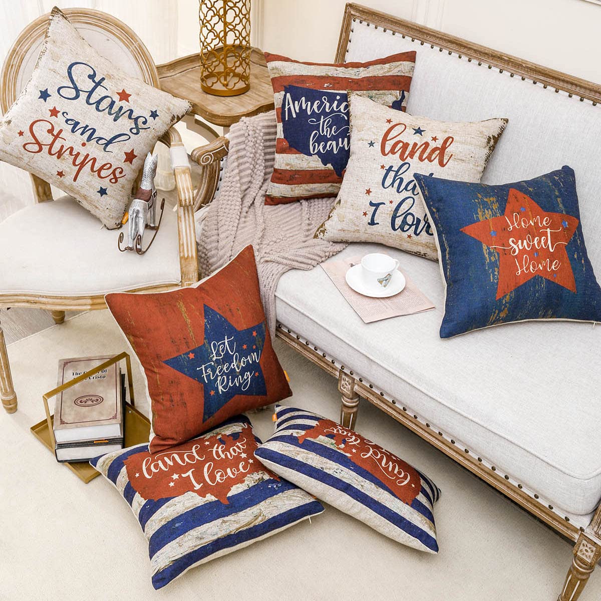 Blue and Red 18x18 Inch Patriotic Throw Pillow Covers - Decorative Square Cushion Case for Sofa, Couch, Bed & Outdoor Use | Home Sweet Home Design | Perfect for 4th of July, Memorial Day & American Decor (CC1877)
