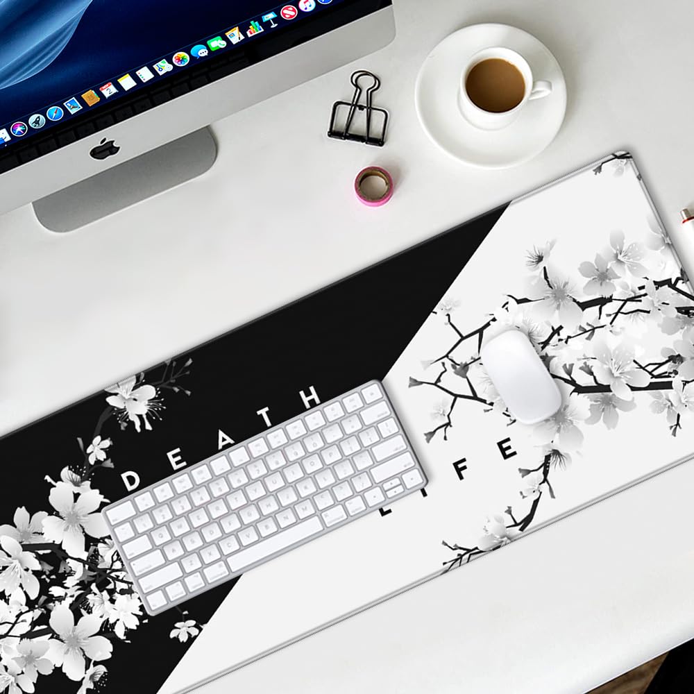 Non-Slip Rubber Base Desk Pad Protector - Textured Waterproof Mouse Pad with Stitched Edges, 31.5 x 11.8 Inches Large Desk Mat for Computer, Laptop, Gaming, Office & Home Use - Cherry Blossom Design - Perfect for Workstations, Gaming Setups & Home Offices