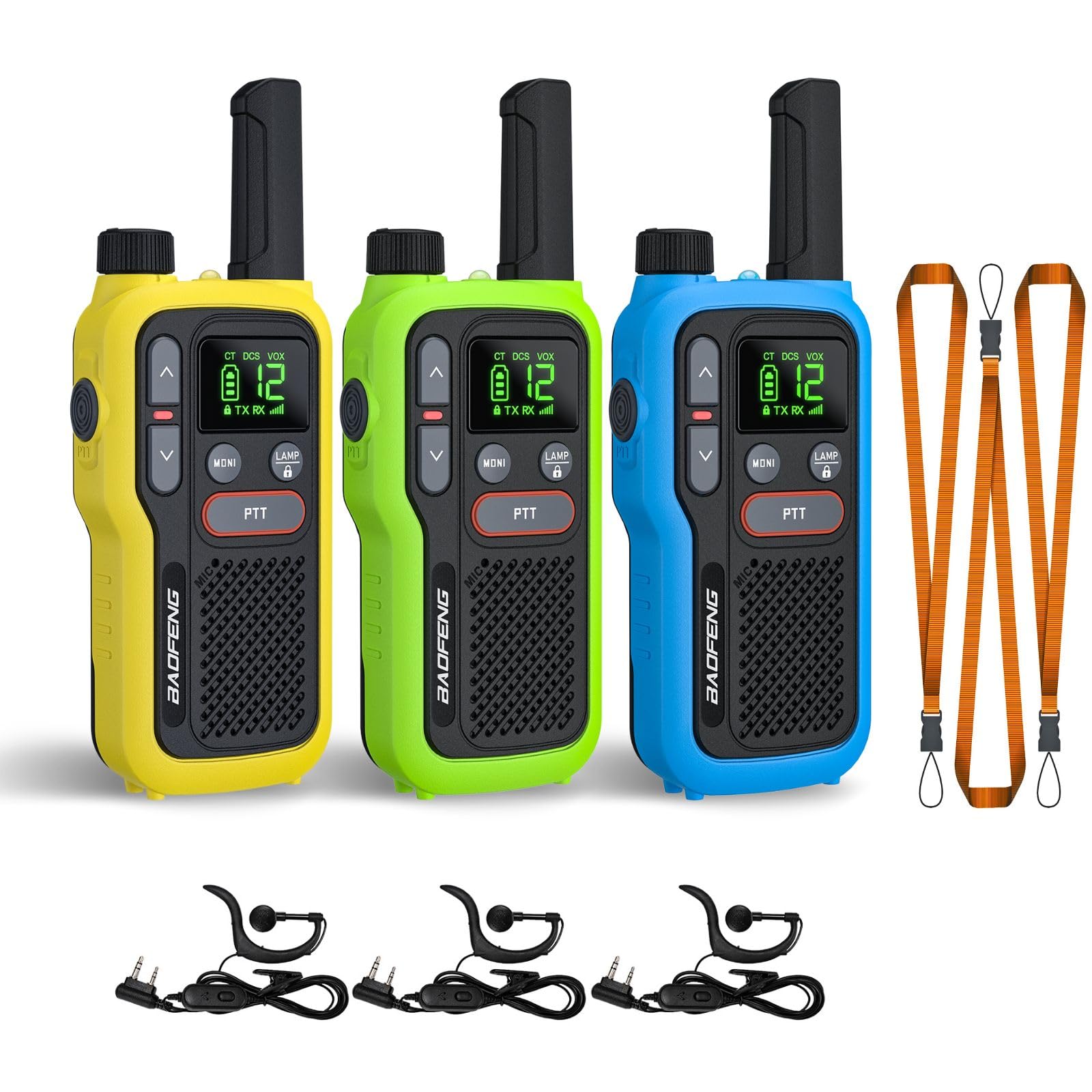 BAOFENG GT-18 Long Range Walkie Talkies for Adults & Kids - License Free Rechargeable FRS Two Way Radios with 1500mAh Battery, 22 Channels & NOAA Weather Scan - Ideal for Camping, Hiking, Family Outdoors & Emergency Communication (3 Pack - Yellow, Green, Blue)