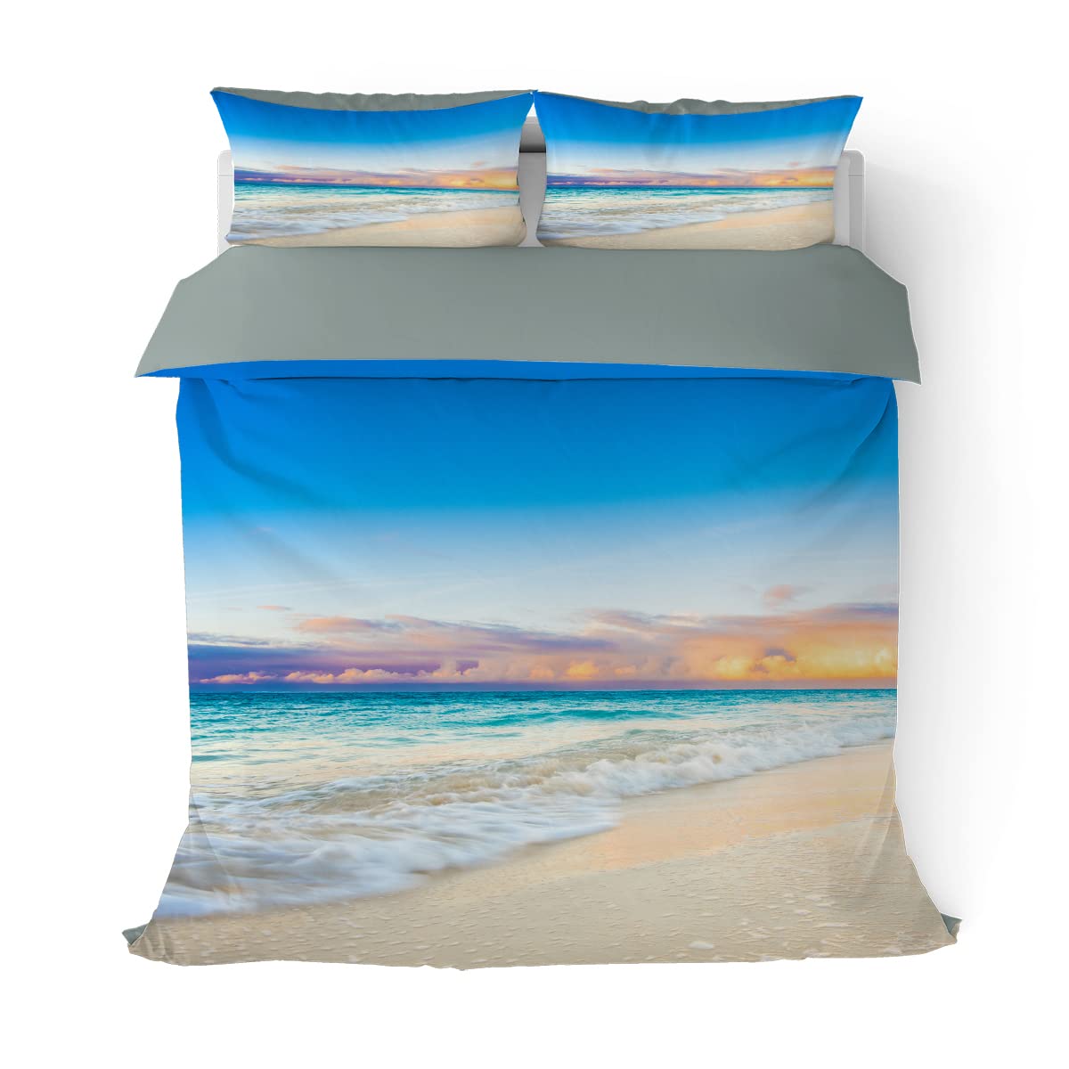 Beach Sand Duvet Cover Set Twin Size - Coastal Blue Water Sunset Clouds 3-Piece Microfiber Bedding Set for Kids, Boys & Teens | Soft Comforter Cover with 2 Pillowcases | Perfect for Beach-Themed Bedrooms, Vacation Homes & Summer Decor