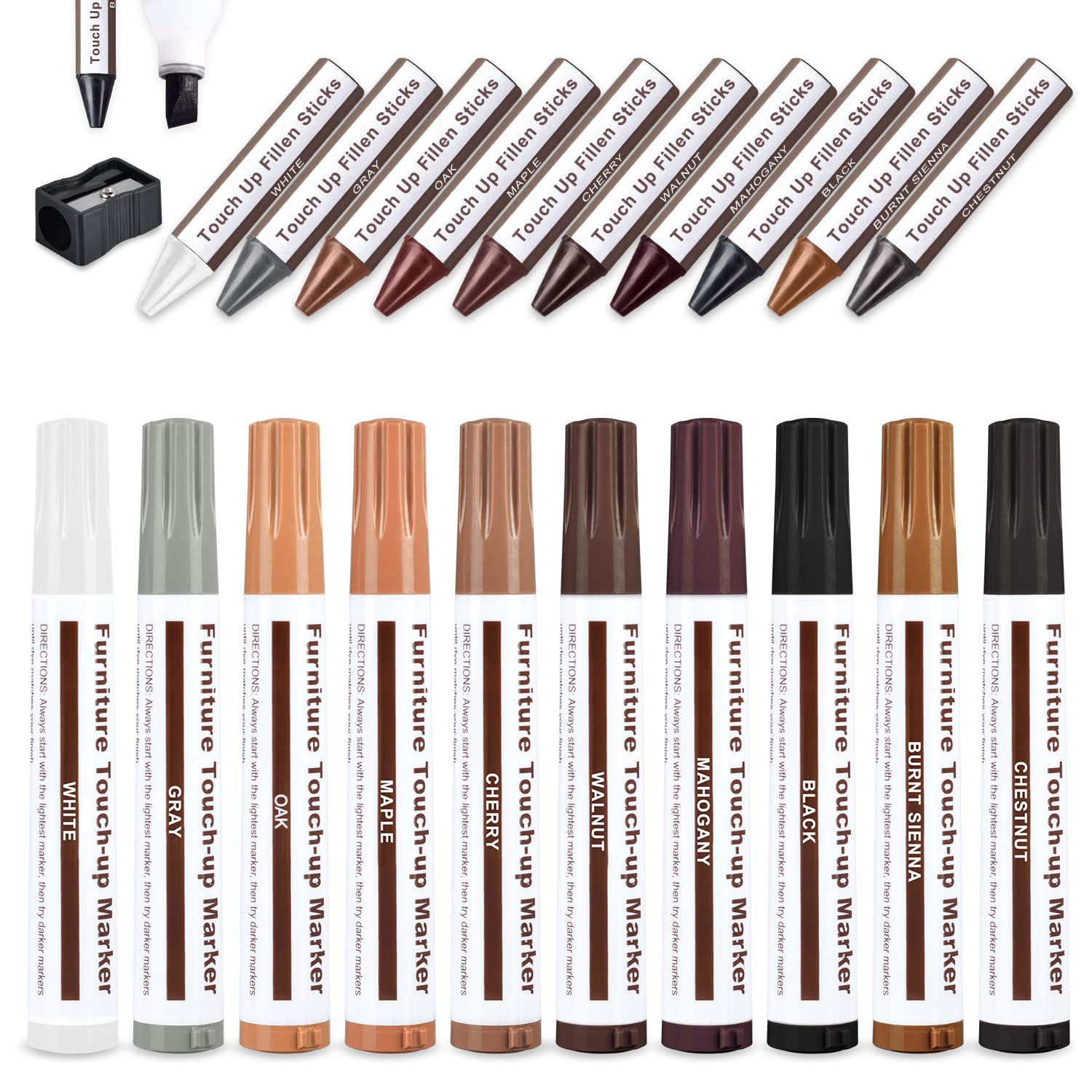 21PCS Wood Filler Repair Kit - Wood Markers & Wax Sticks with Sharpener for Furniture, Tables, Desks, Floors - Fix Scratches, Stains & Damage - Perfect for Home, Office & DIY Woodworking Projects