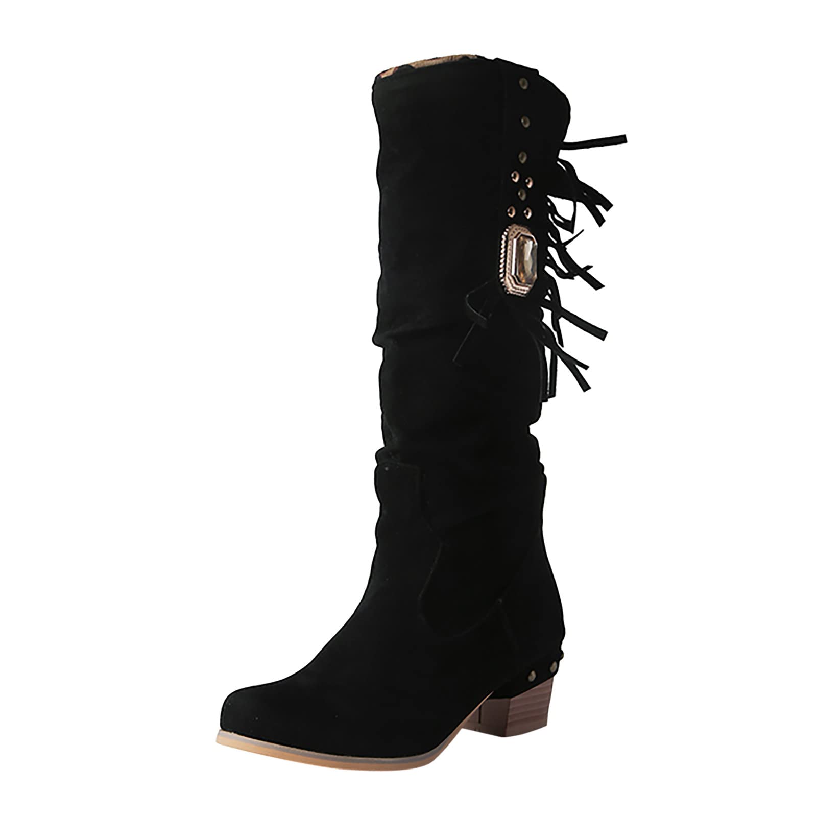 Women's Cowboy Boots with Rhinestones - White Suede Fringed Boots for Fashion & Horseback Riding | Thick Heel Western Boots for Women | Perfect for Country Concerts, Rodeos & Casual Outfits