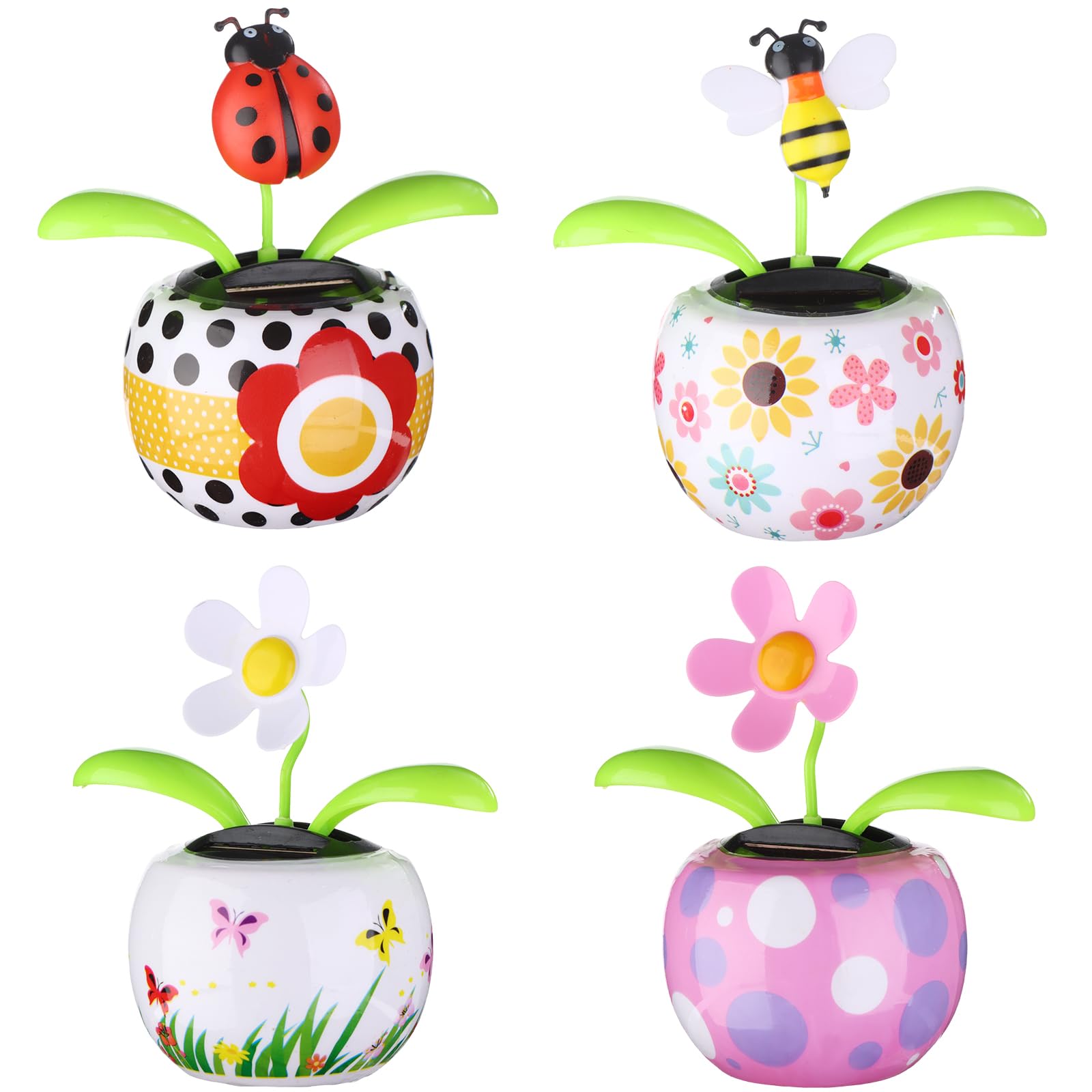 Solar Powered Dancing Bee Toy - Colorful Swinging Ladybug & Sunflower in Pot - Animated Bobblehead Dancer for Window, Car Dashboard Decor - Perfect for Home, Office, Garden & Gift Giving