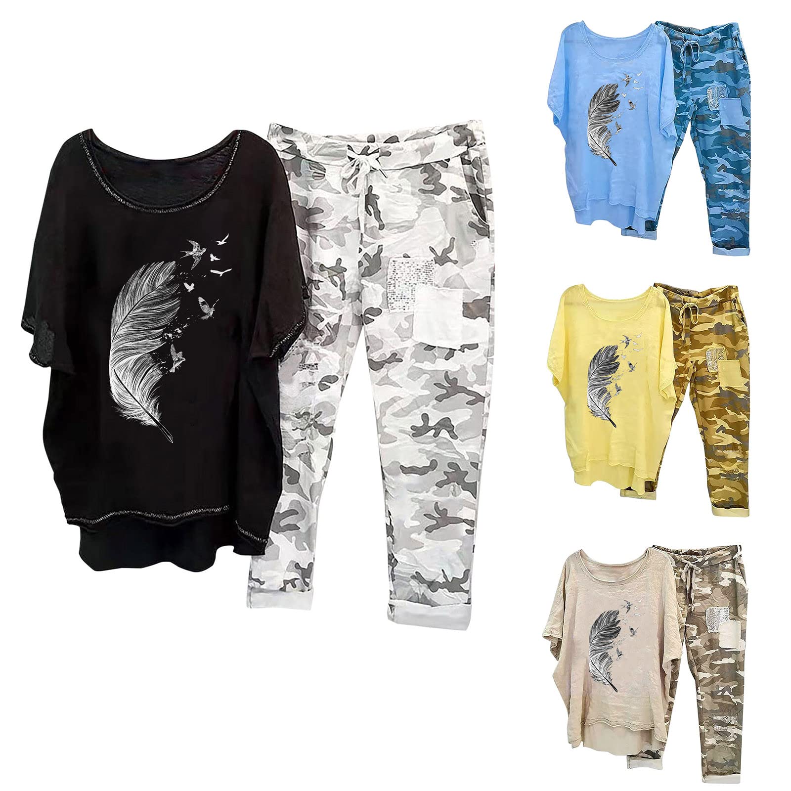 BOXIACEY Women's 2-Piece Linen Outfit Set - Plus Size Camouflage Lounge Pants & Top for Summer Vacation, Beach, Travel & Casual Wear