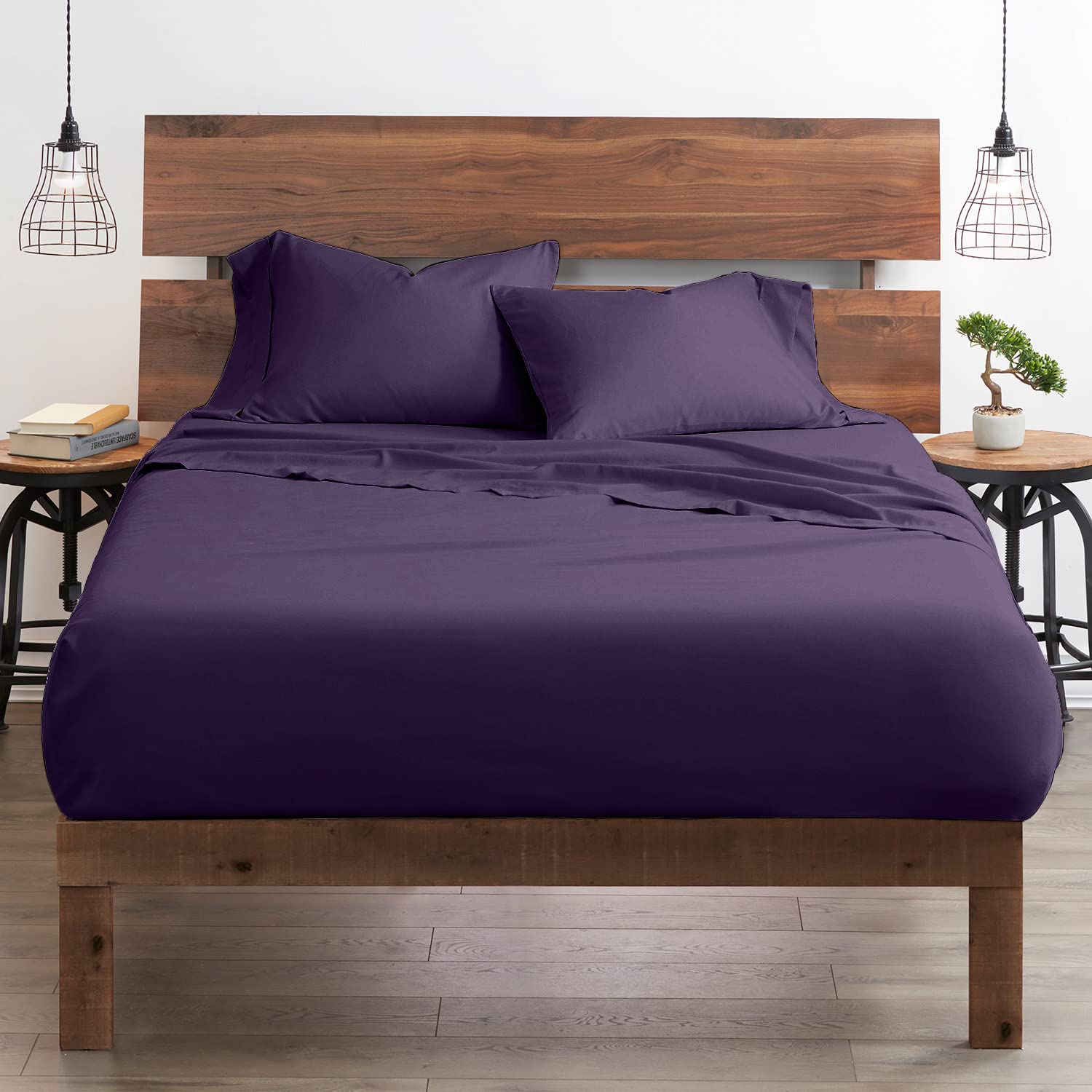 100% Certified Giza Cotton Pillowcase & Sheet Set - Queen XL Size, Soft Sateen Weave, Breathable Egyptian Cotton, Fits Up to 18-Inch Deep Pocket Mattress - Plum Color for Luxurious Bedroom Comfort