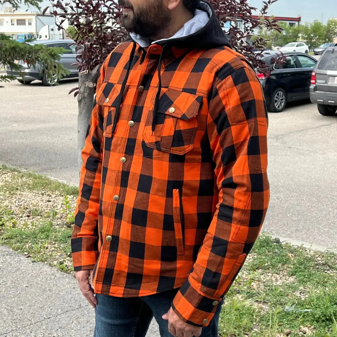 Milwaukee Leather Men's Orange & Black Armored Flannel Biker Shirt with Reinforced Fibers - Durable Motorcycle Riding Gear for Harley Davidson & Cruiser Bikes