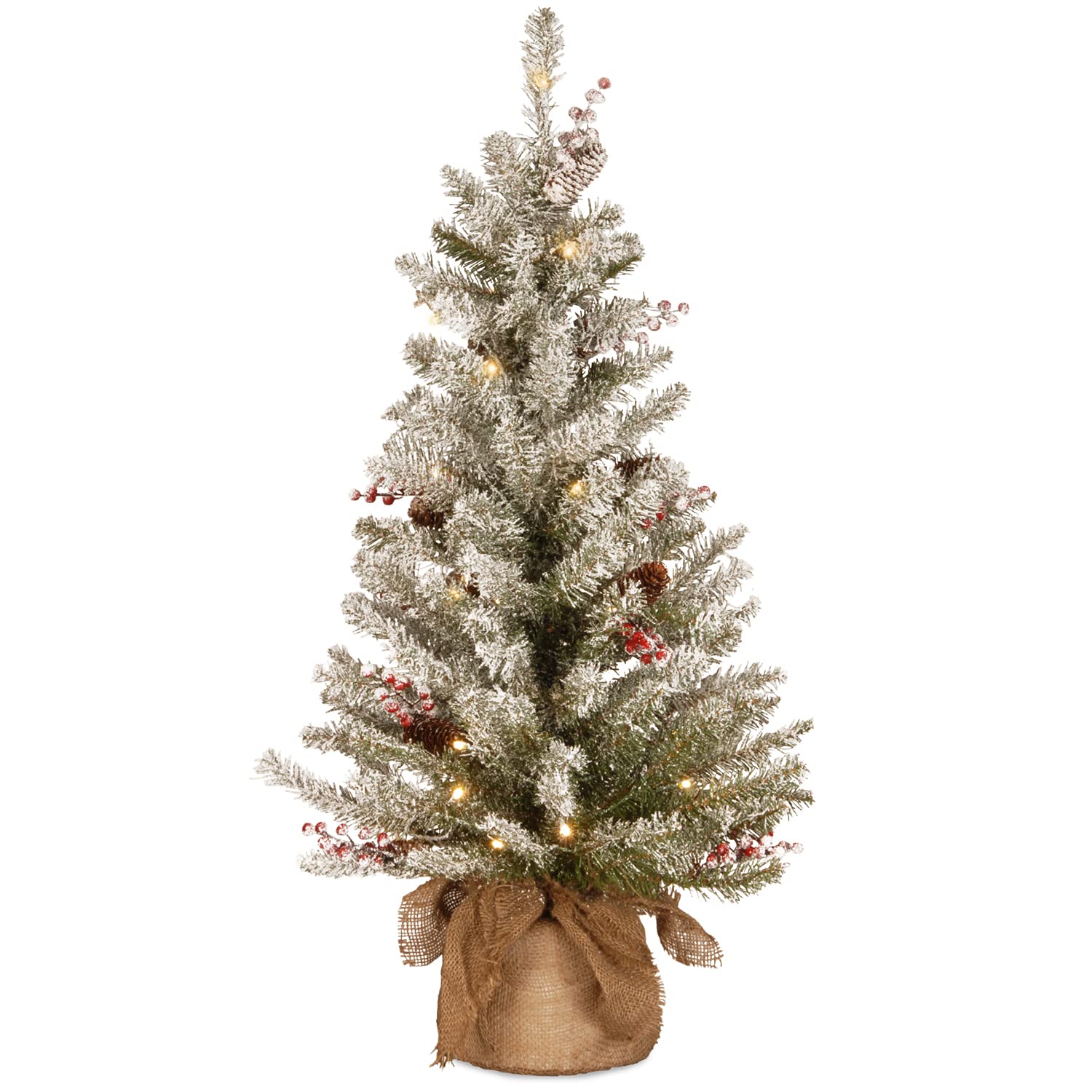 National Tree Company 3ft Pre-Lit Artificial Mini Christmas Tree - Dunhill Fir with White Lights, Pine Cones & Berry Clusters - Frosted Branches & Cloth Bag Base - Perfect for Small Spaces, Office Decor, Tabletop Displays & Holiday Home Decoration