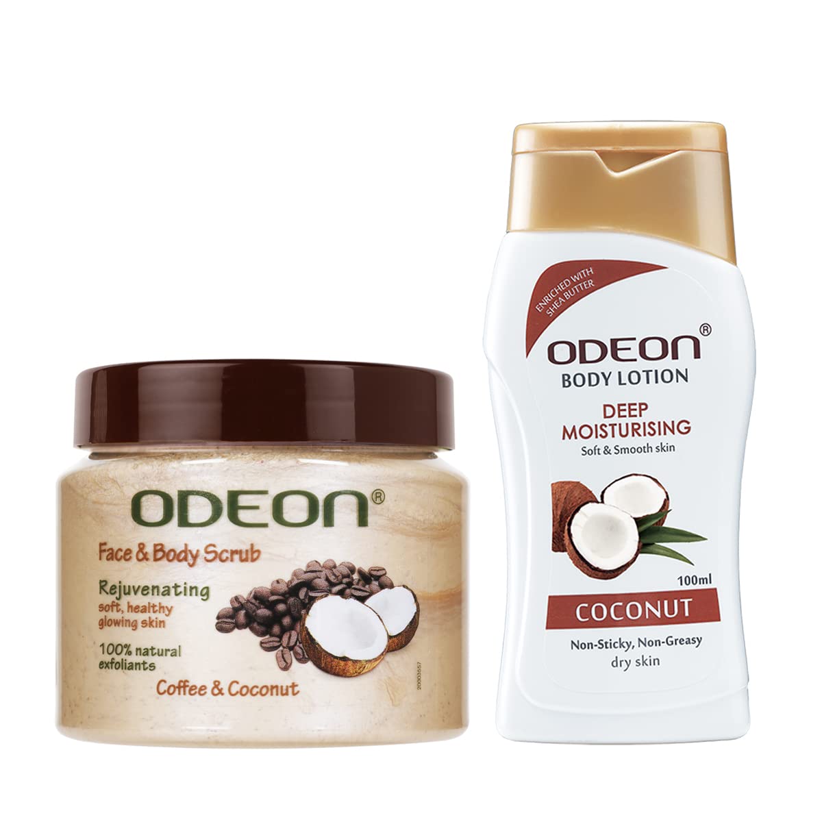 FREE Odeon Coconut Body Lotion 100ml with Coffee & Coconut Face & Body Scrub 300ml - Hydrating Moisturizer & Exfoliating Skincare Set for Dry Skin Care