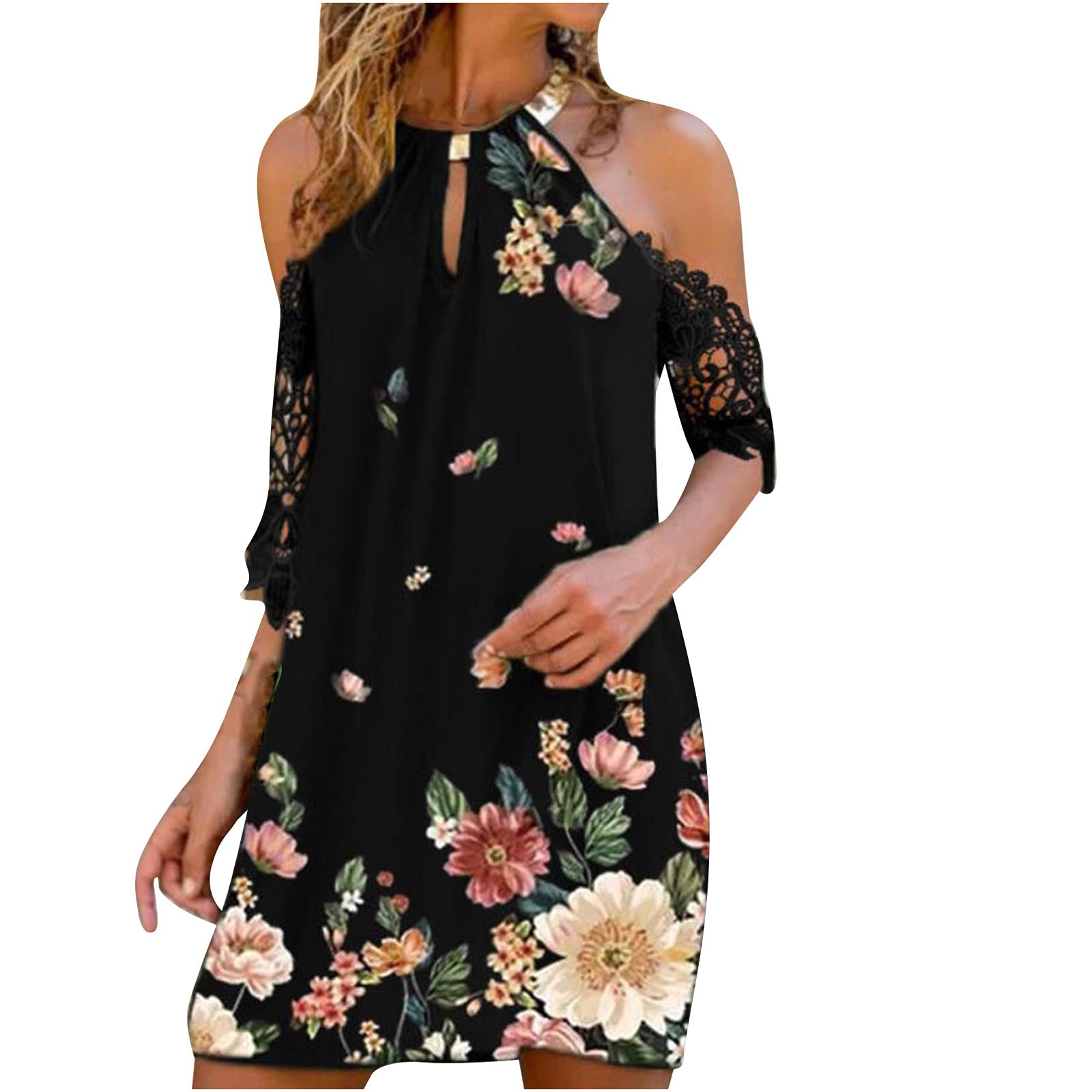 Women's Summer Cold Shoulder Dress - Short Sleeve Halter Neck Lace Floral Print Loose Casual Midi Dress for Beach, Party & Date Night Outfits