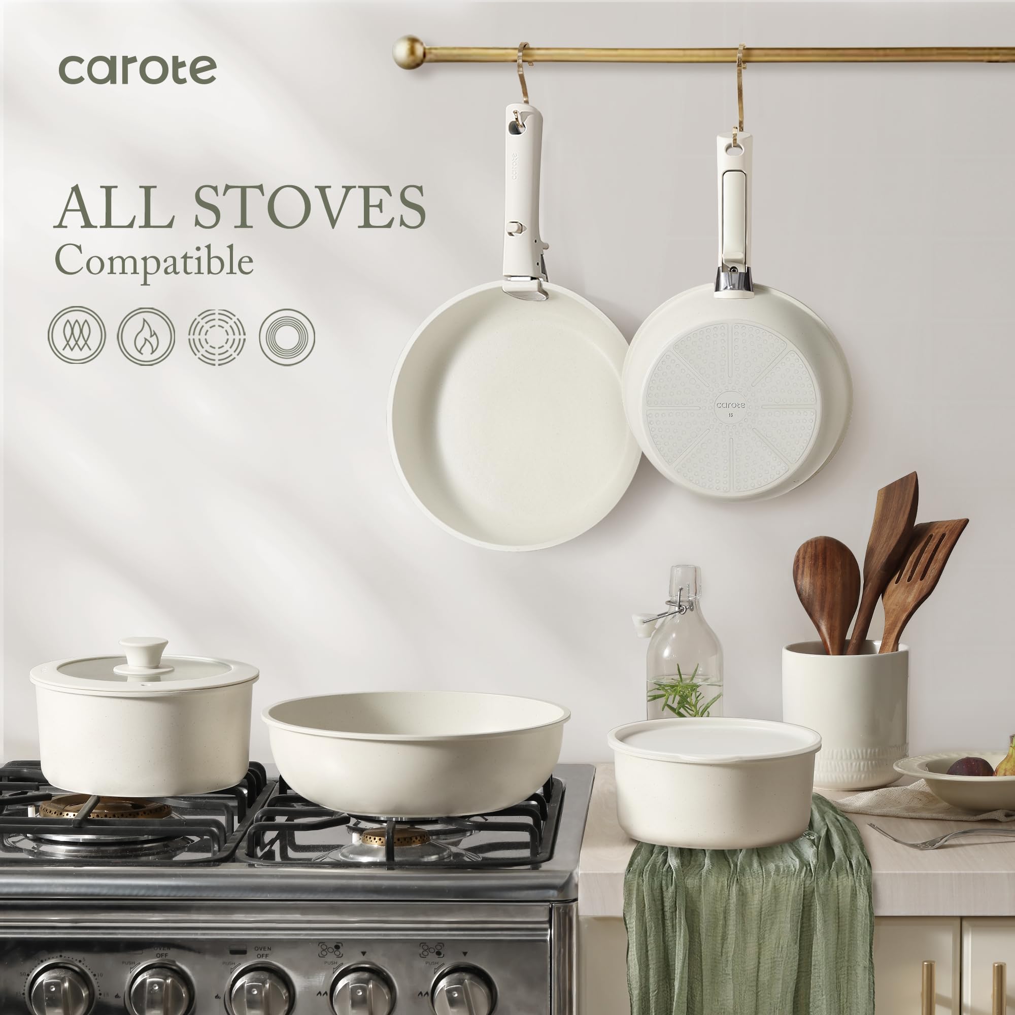 CAROTE 23-Piece Nonstick Cookware Set - Induction Compatible Pots and Pans with Detachable Handle, Oven/Dishwasher Safe, Space Saving Kitchen Set for RV, Apartment & Small Spaces - Cream Color