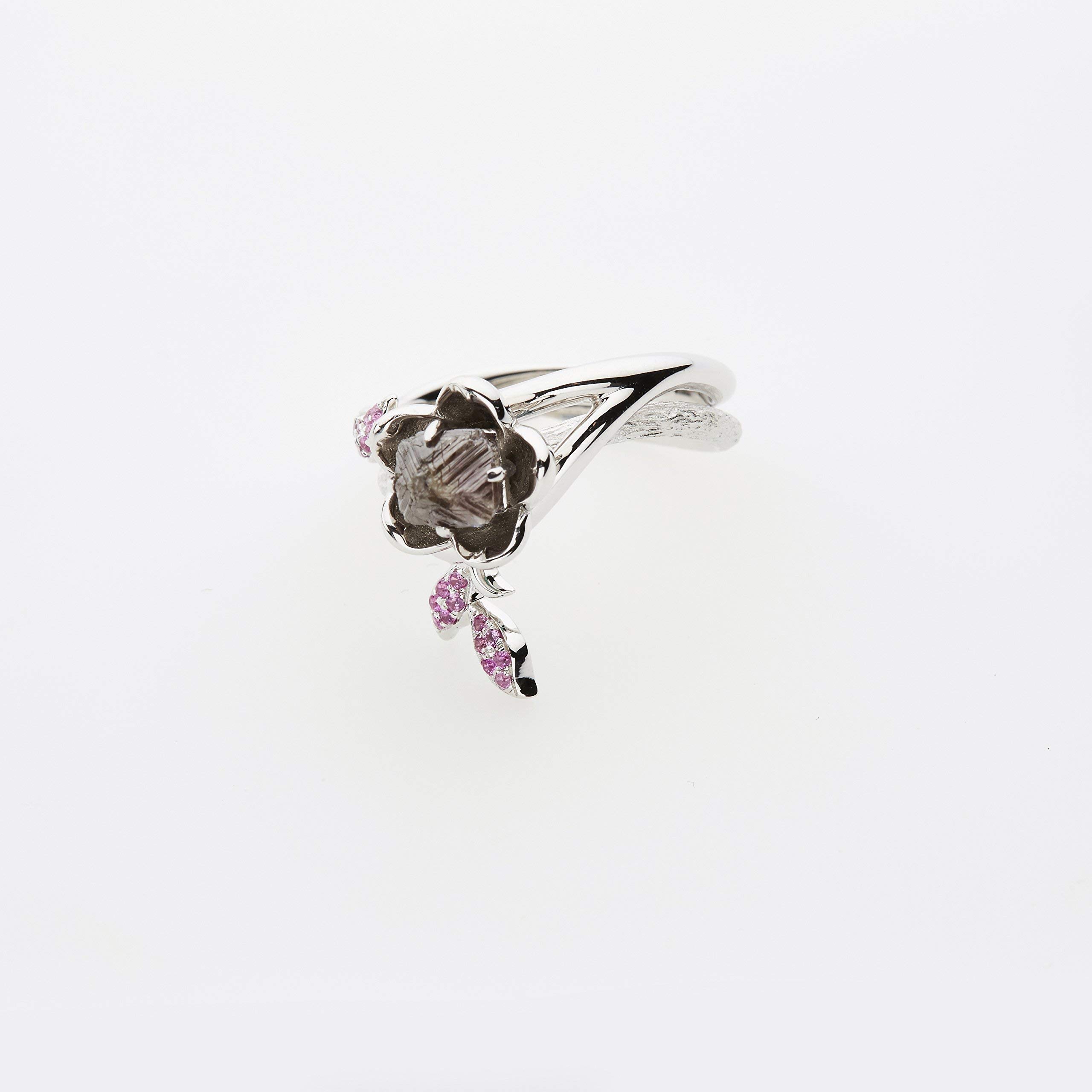 Majade Pink Sapphire Raw Diamond Engagement & Wedding Ring Set - Handmade 14K White Gold Nature-Inspired Floral Bridal Jewelry | Perfect for Romantic Proposals, Anniversary Gifts & Unique Wedding Bands
