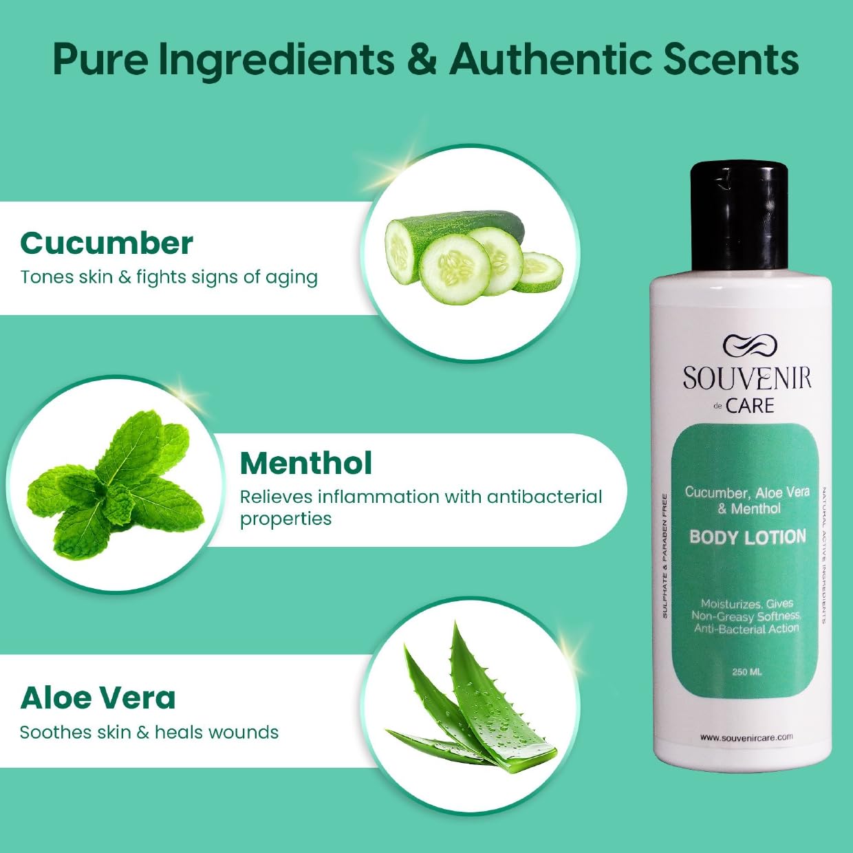 Souvenir De Care Cucumber Aloe Vera Menthol Body Lotion - Lightweight Daily Moisturizer for Smooth Soft Skin - Men & Women - 250ml - Perfect for Post-Shower Hydration & Summer Skin Care