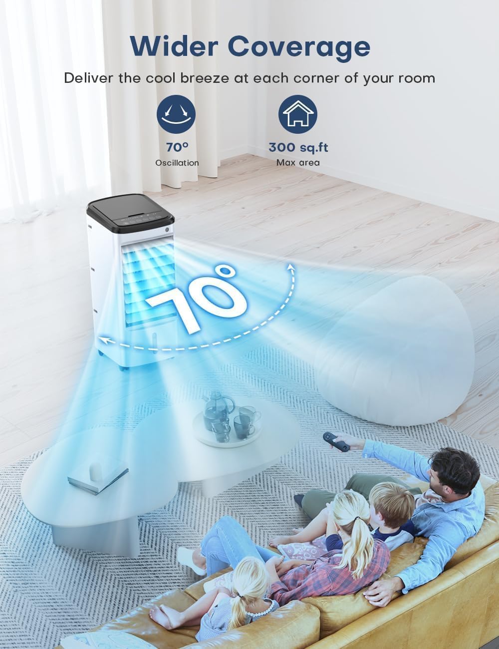 TEMEIKE Portable Evaporative Air Cooler - 3-Speed Windowless AC with 12H Auto-Off Timer, 6 Ice Packs & Smart Remote - Dual Tank Swamp Cooler for Bedroom, Office, Living Room & Outdoor Use