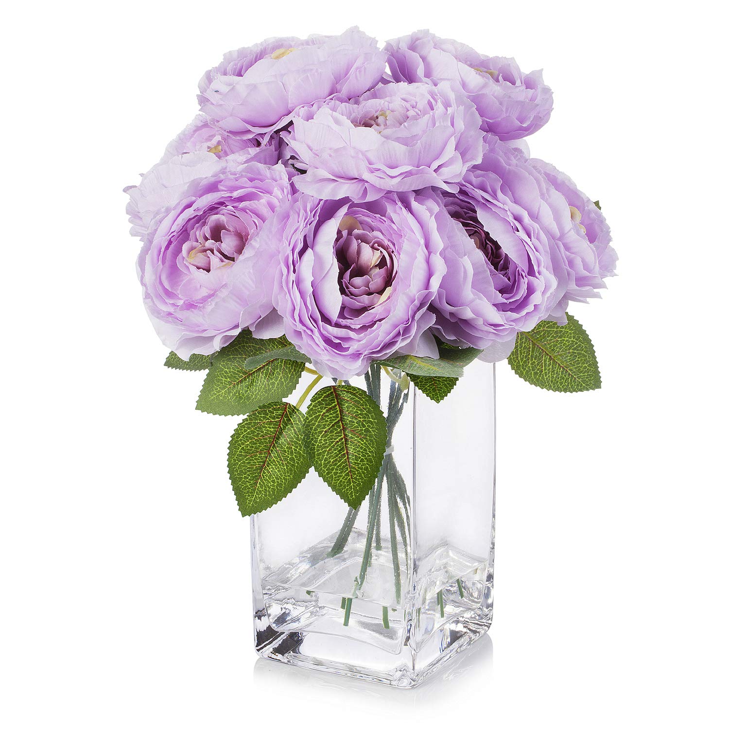 ENOVA HOME Artificial Silk Peony Flowers Arrangement in Clear Glass Vase - Purple Faux Peony Bouquet for Wedding Centerpiece, Home Decor, Table Decorations & Party Decorative Accents