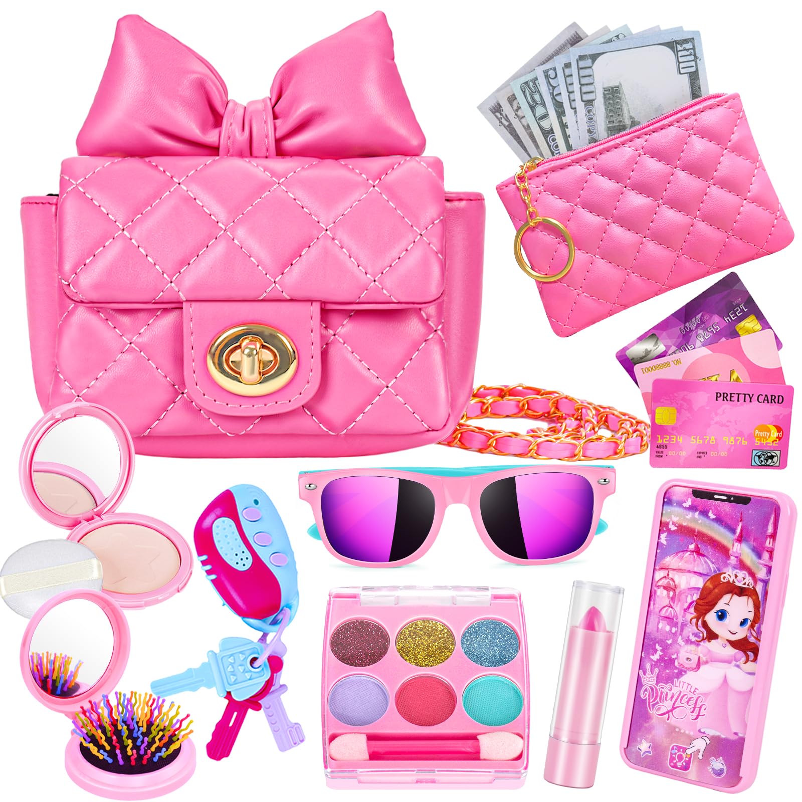 **Little Girl Purse with Kids Makeup Kit - My First Purse Set with Chain Bag, Pretend Play Toys for Toddlers - Princess Toys for Christmas & Birthday Gifts (Pink) - Perfect for Dress-Up, Role Play & Party Favors for Girls Ages 3-8**