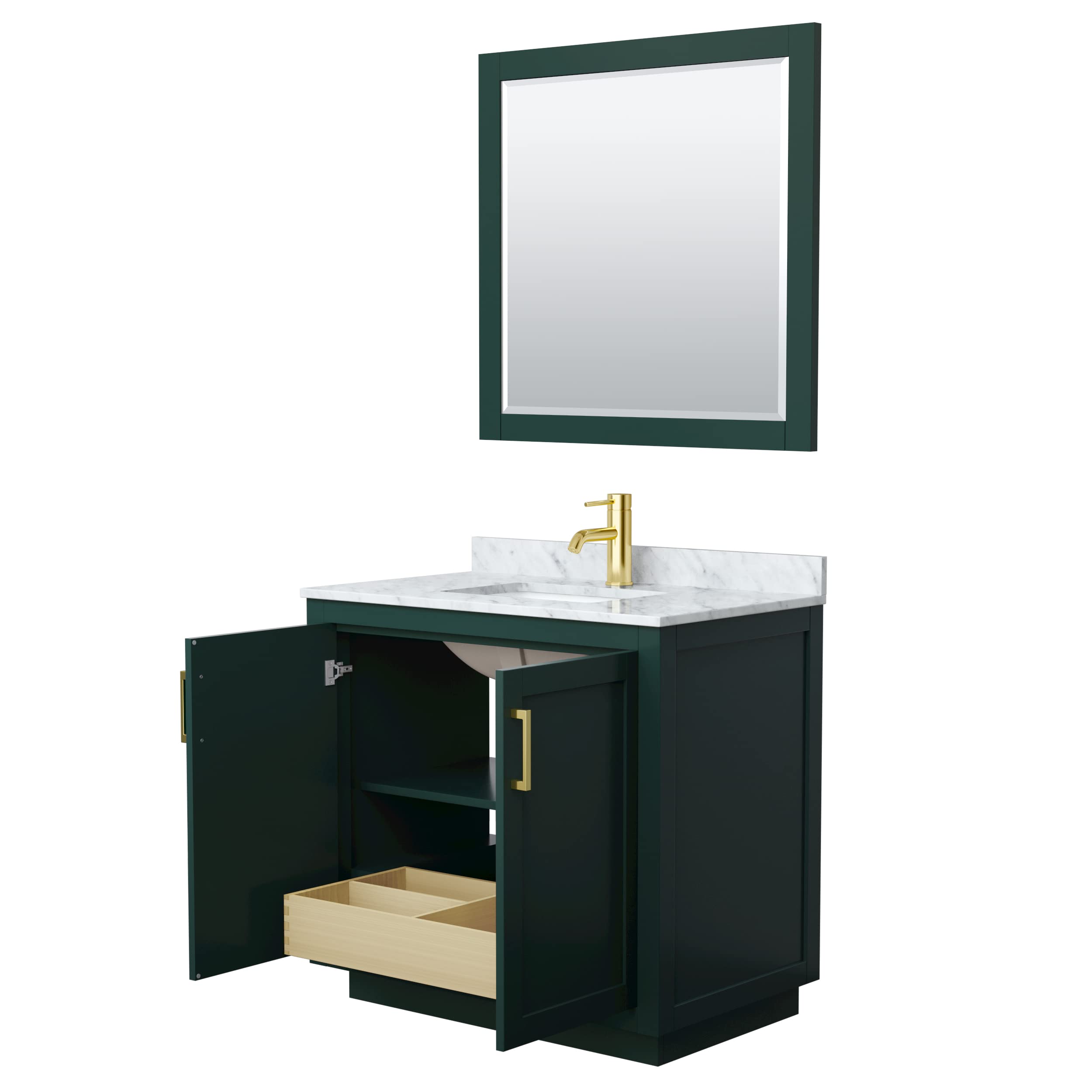 Wyndham Collection Miranda 36 Inch Single Bathroom Vanity with White Carrara Marble Countertop - Green Undermount Square Sink & Brushed Gold Trim - Includes 34 Inch Mirror | Modern Bathroom Decor for Small Spaces, Guest Bathrooms & Home Renovation