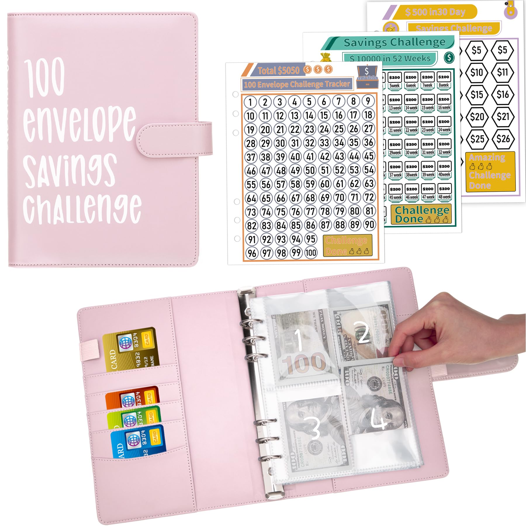 Ndsox 100 Envelopes Money Saving Challenge Binder - A5 Budget Organizer with Cash Envelopes & Savings Tracker - Save $5,050, $10,000 or $500 - Pink Budget Planner for Financial Goals - Perfect for Cash Budgeting, Envelope System & Personal Finance Management