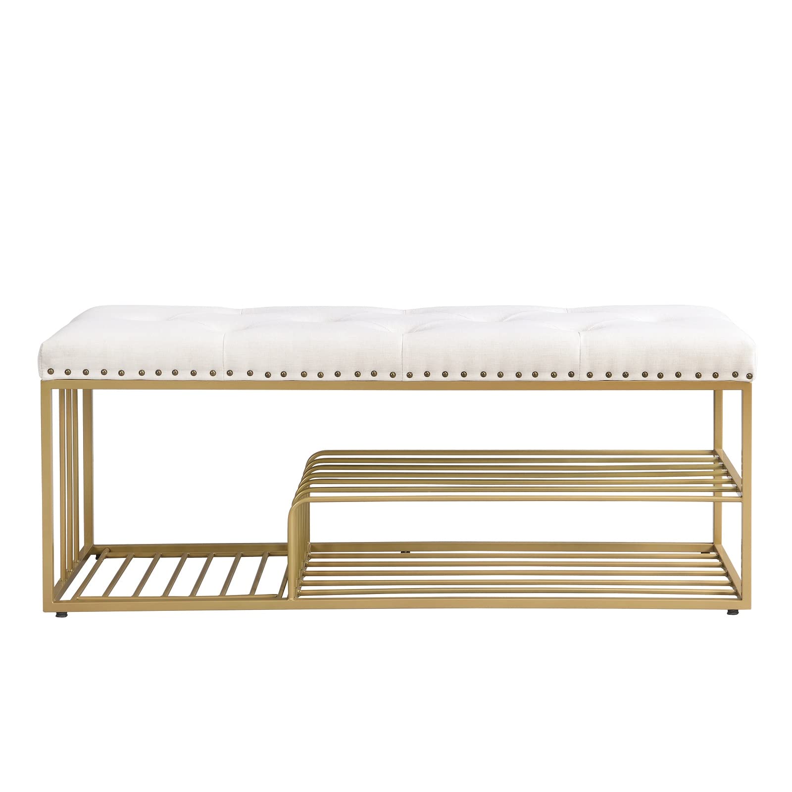 Linen Storage Bench with Tufted Padded Seat - Gold Metal Frame Ottoman Shoe Bench for Entryway, Bedroom, Living Room & Mudroom - Beige Home Decor for Small Space Organization