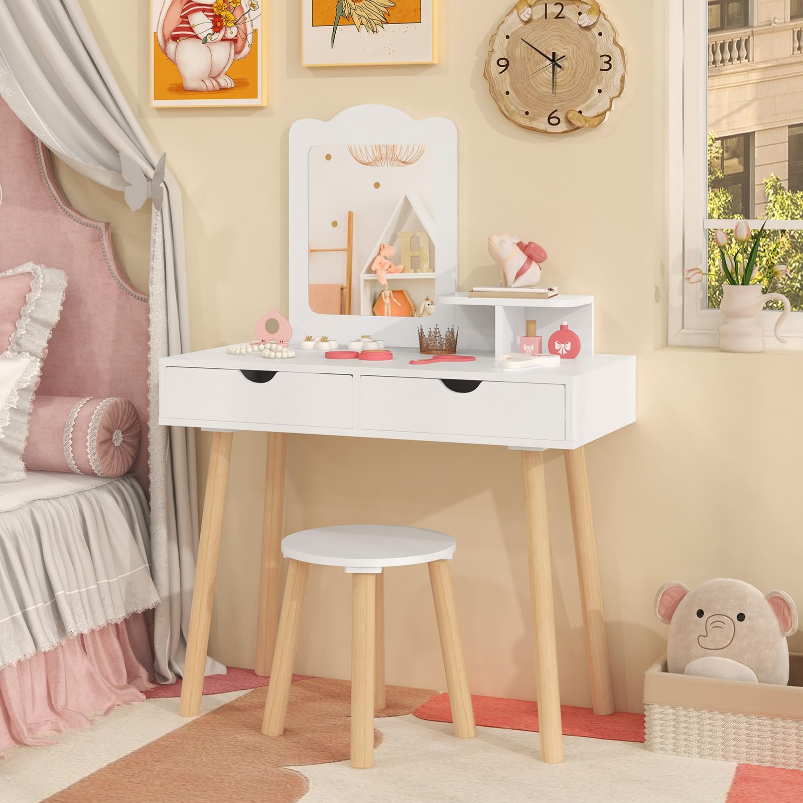 HONEY JOY Kids Vanity Set with Mirror & Stool - White Wooden Princess Makeup Vanity for Little Girls - 2 Storage Drawers & Square Mirror - Toddler Dressing Table & Chair Set - Perfect for Bedroom, Playroom & Birthday Gifts