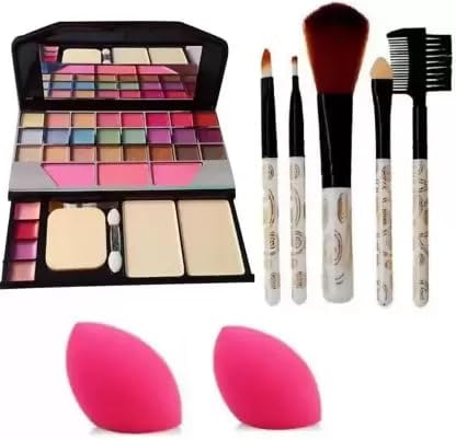 BELLAS Tya 6155 Professional 5-Piece White Makeup Brush Set & 2 Pink Makeup Puffs - Multicolor Cosmetics Kit (Pack of 8) for Makeup Artists, Beginners & Beauty Enthusiasts - Perfect for Daily Use, Travel & Professional Makeup Application