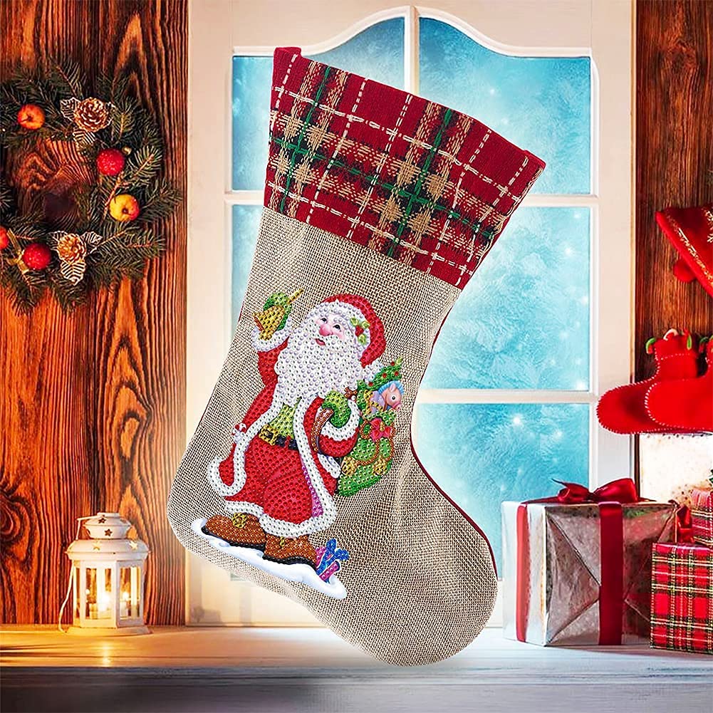 5D Diamond Painting Christmas Stockings Kit - 14 Inch DIY Santa Claus & Gift Design, Holiday Fireplace Hanging Decor for Family, Xmas Party, Home Decoration | Perfect for Christmas Tree, Mantel, and Festive Gift Bags
