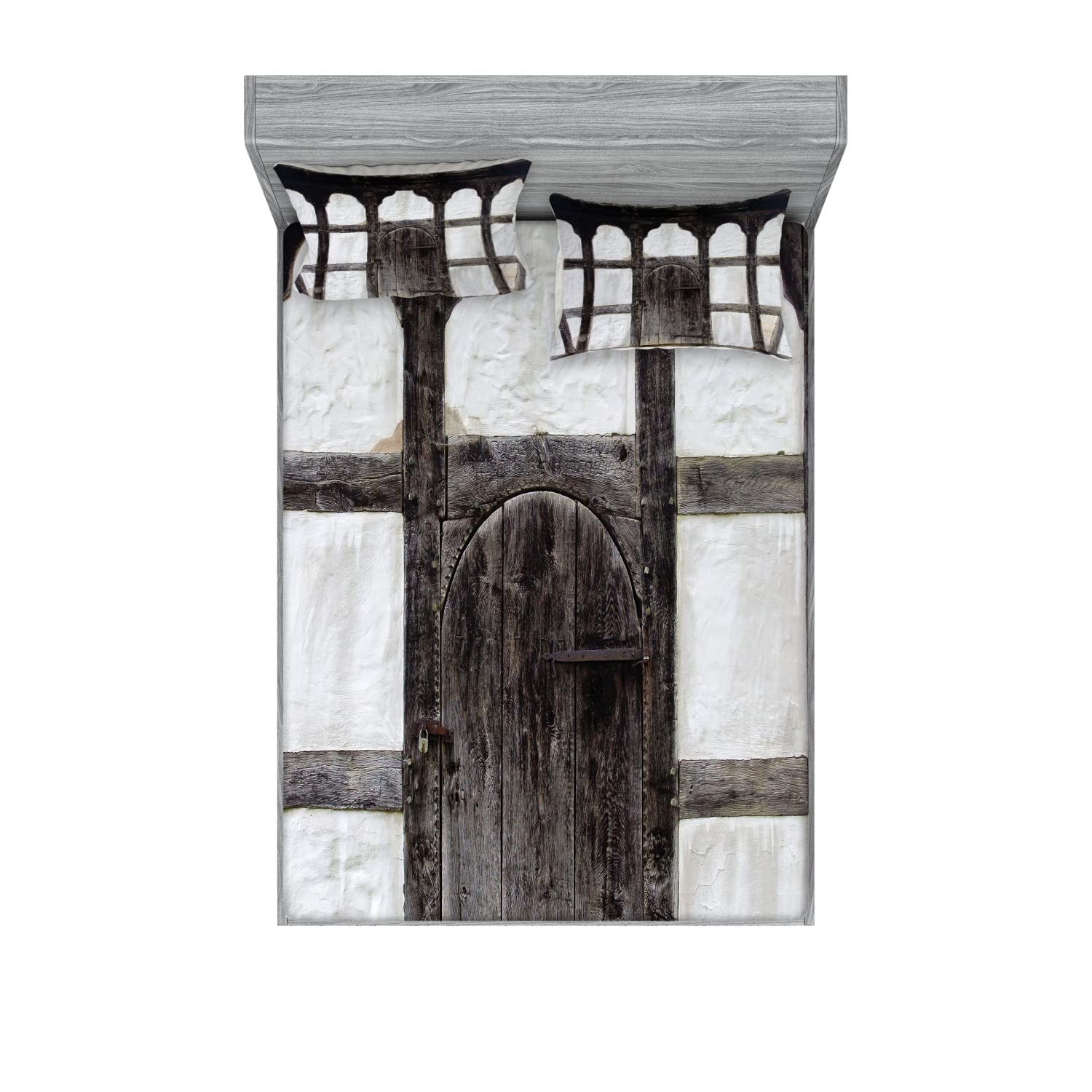 Ambesonne 2-Piece Rustic Queen Fitted Sheet Set with 4 Pillow Shams - Grunge Farmhouse Door Design in Charcoal White - Cozy Bedroom Decor for Guest Rooms & Vacation Homes