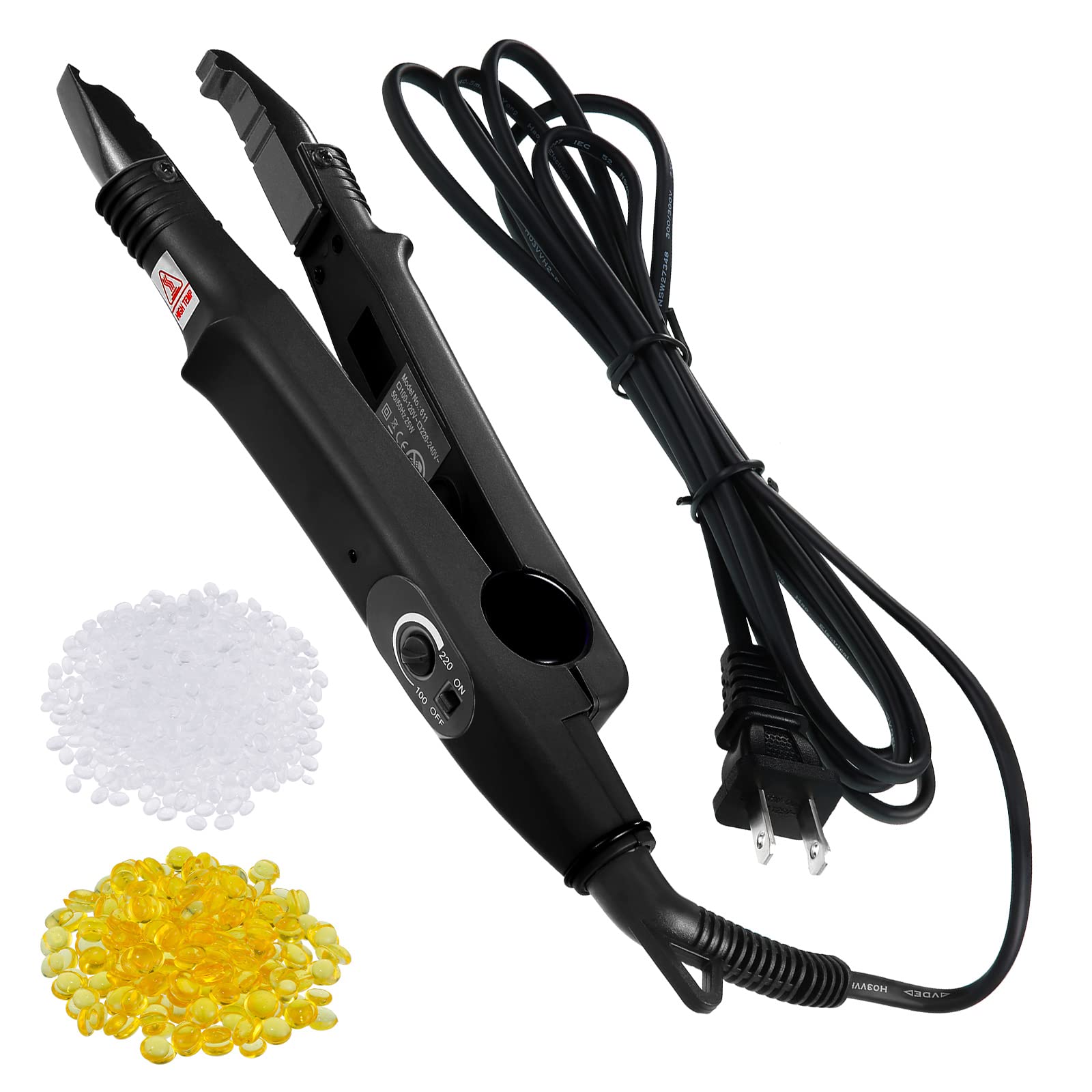 Professional Hair Extensions Fusion Heat Iron Connector Wand - US Plug - Includes 2 Bags Keratin Glue Granule Beads (A Head, Black) - Perfect for Salon Styling & DIY Hair Extensions at Home