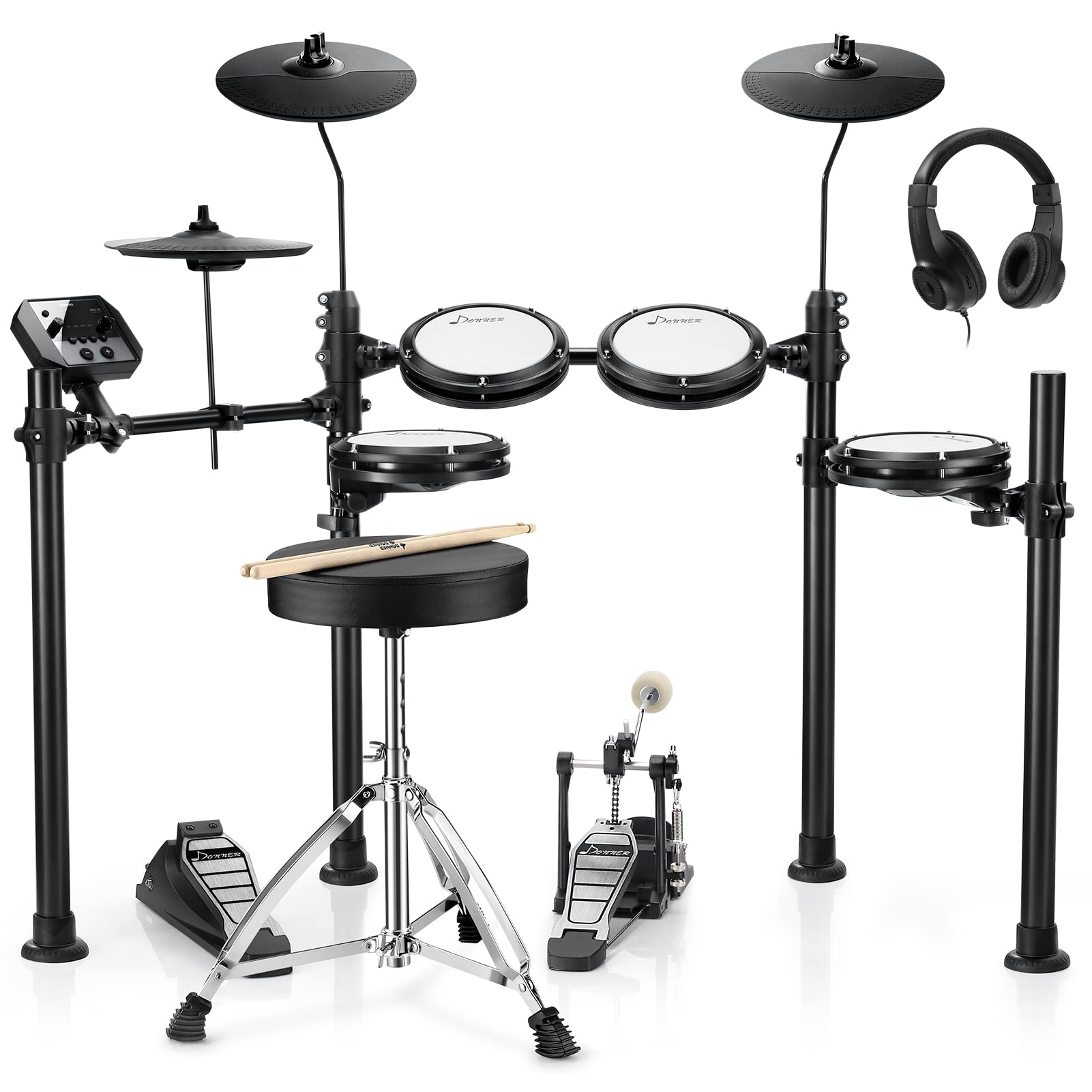 Donner DED-95 Electronic Drum Set for Beginners - 180 Sounds, Quiet Mesh Pads, Kick Drum, Drum Throne, Sticks & Headphones Included - Perfect for Home Practice, Studio Recording & Music Learning with 40 Free Melodics Lessons (Black)