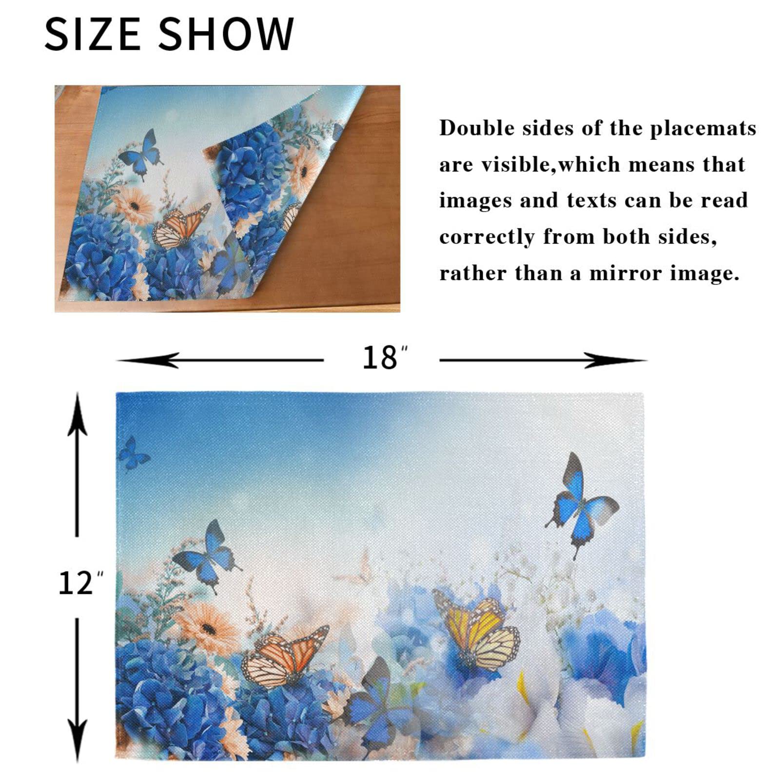 Blue Butterfly Floral Placemats Set of 4 - Washable & Heat Resistant 12x18 Inch Decorative Table Mats for Kitchen & Dining Room - Perfect for Spring Decor, Dinner Parties & Everyday Use