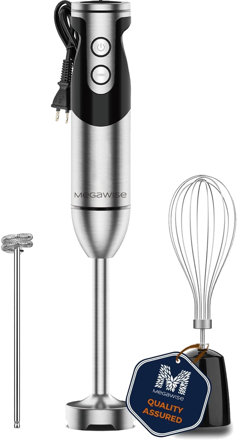 MegaWise Pro Titanium Reinforced 3-in-1 Immersion Hand Blender with 12-Speed Settings - 800W Powerful Copper Motor, 80% Sharper Stainless Steel Blades, Includes Dishwasher-Safe Whisk & Milk Frother - Perfect for Smoothies, Soups, Sauces & Baking at Home