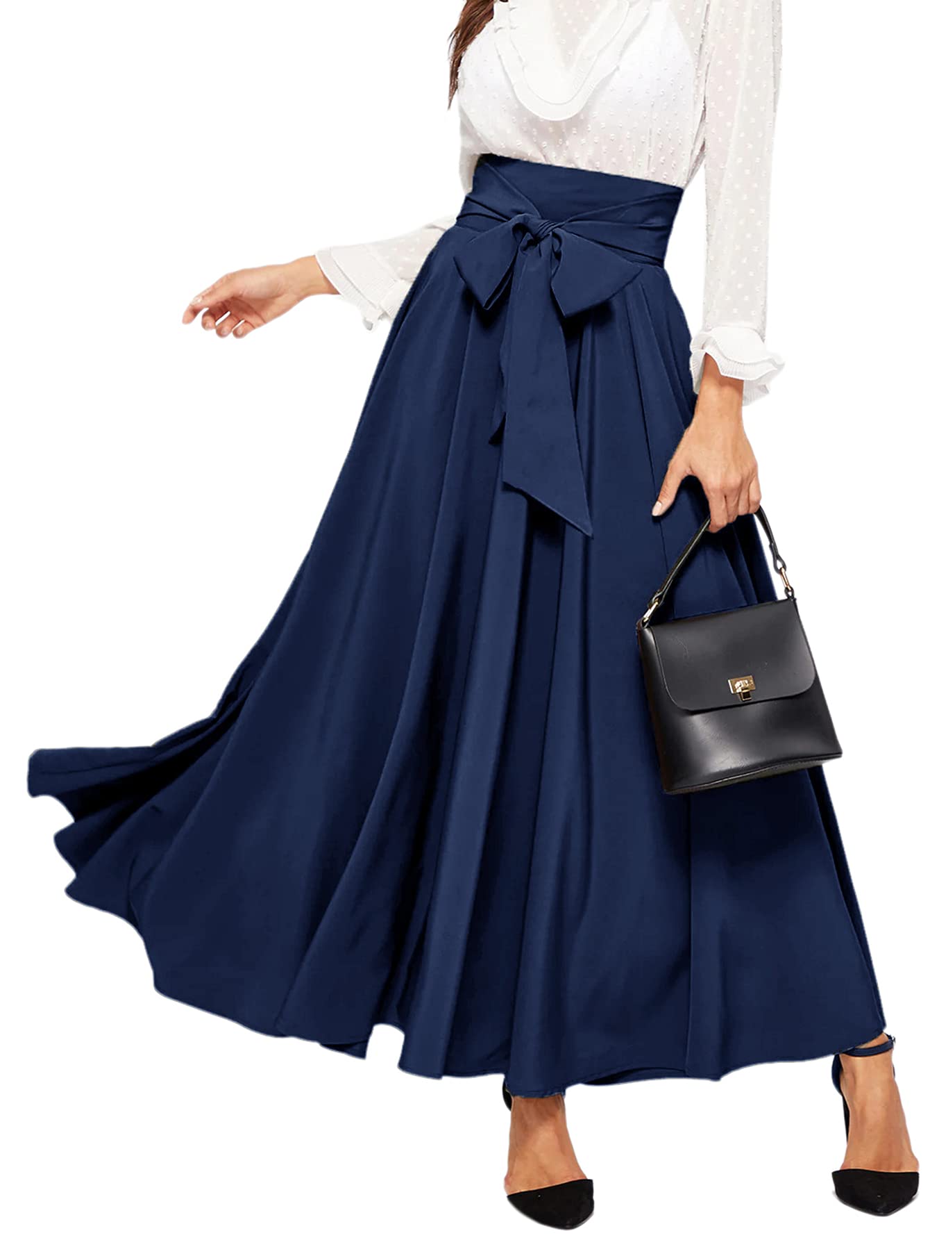 SweatyRocks Women's Elegant High Waist Tie Front Pleated Maxi Skirt - Flowy Summer Midi Dress for Beach, Party & Casual Wear