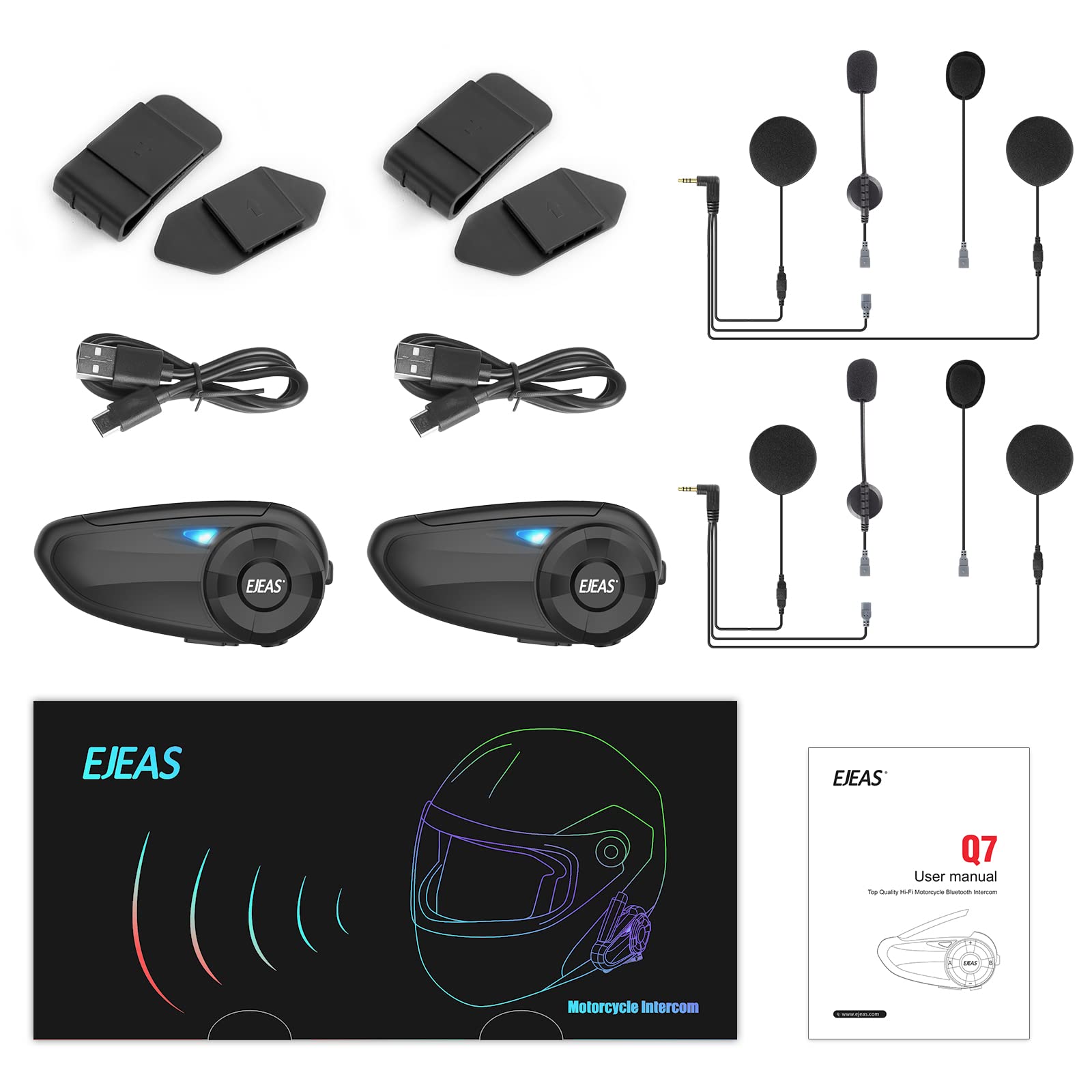EJEAS Q7 Motorcycle Helmet Bluetooth Intercom - Wireless Bluetooth 5.1 Headset with CVC Noise Cancellation & FM Radio - Connects 7 Riders for Snowmobile, ATV, Dirt Bike Riding (2 Pack) - Perfect for Group Rides, Adventure Tours & Off-Road Excursions