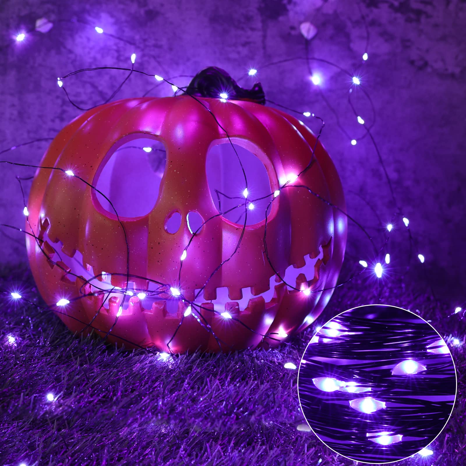 Lomotech 2 Pack Solar Halloween Lights - 66ft 200LED Purple Waterproof Fairy String Lights with 8 Modes for Outdoor Halloween Party, Garden, Yard, and DIY Decoration - Black Wire - Perfect for Halloween Decor, Patio Lighting, and Spooky Atmosphere