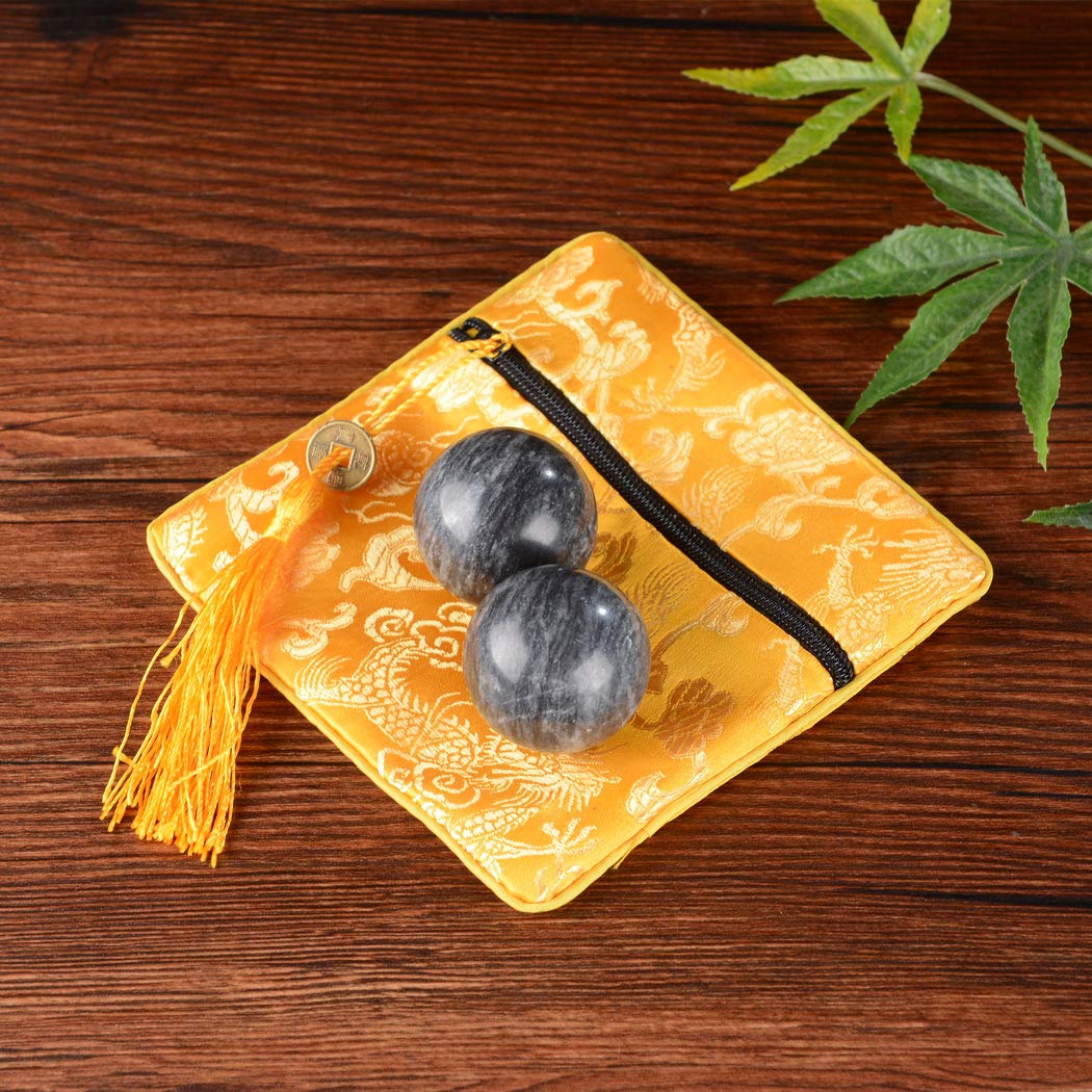 BRABUD 1.4 Inch Dark Grey Marble Chinese Baoding Balls - Hand Exercise Stress Relief Balls for Meditation, Therapy & Relaxation - Traditional Health Massage Balls (Set of 2, Bag-Packed) - Perfect for Office, Home & Travel Use