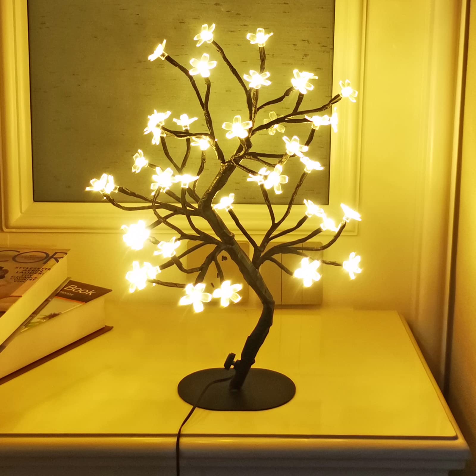 Pete Mici 17 Inch Cherry Blossom Tree Lights - 40 LED USB Powered Bonsai Fairy Light Tree with Warm White Glow for Bedroom, Living Room, Office Decor | Perfect for Romantic Ambiance, Wedding Centerpieces & Holiday Home Decoration