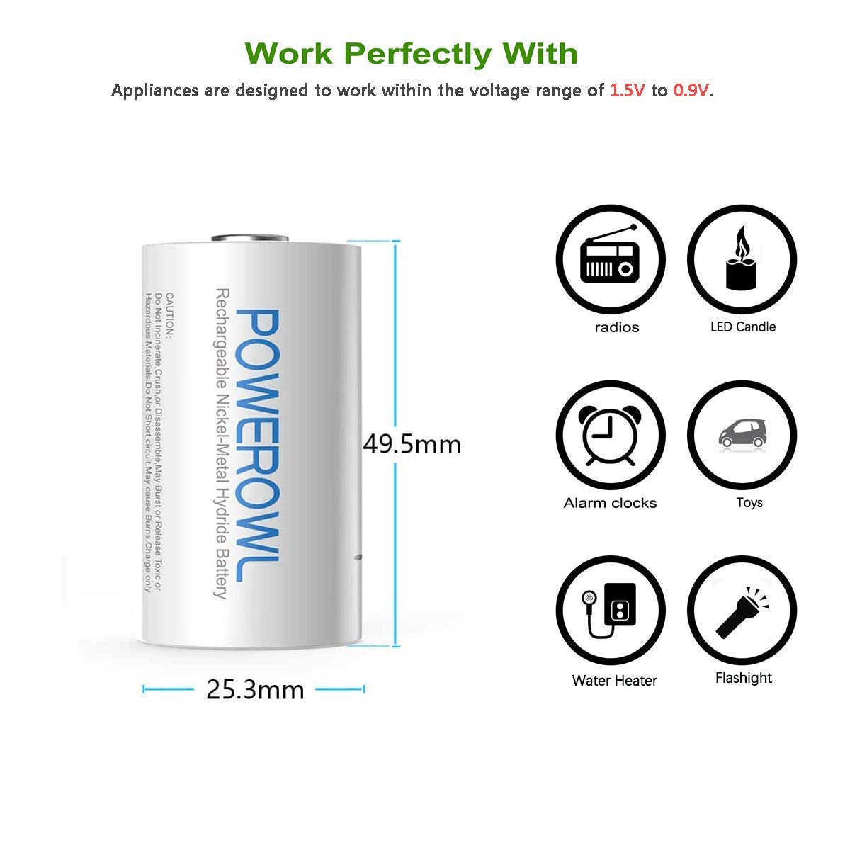 POWEROWL Rechargeable C Batteries 5000mAh NiMH - 4 Pack Low Self Discharge C-Cell Batteries for Flashlights, Toys, Radios & Emergency Devices