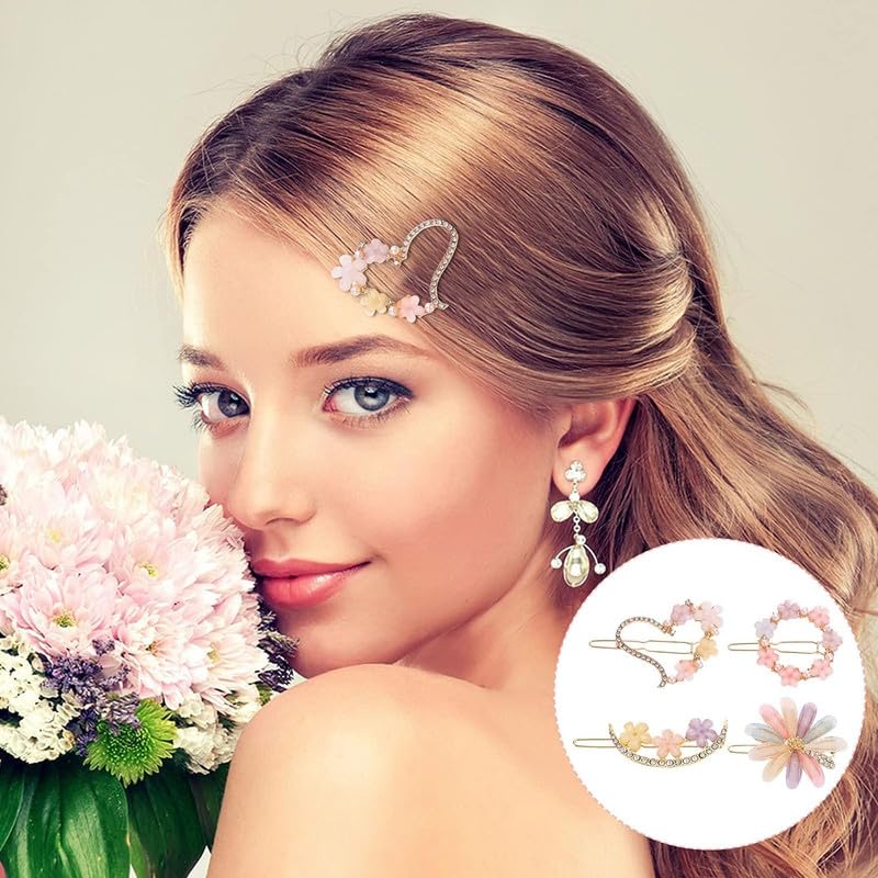 RECTYO GALLERY 4PCS Flower Hair Clips - Mini Alligator Hair Clips with Crystal Decorations, Hair Barrettes for Women & Girls (Floral Design) - Perfect for Weddings, Parties, Prom & Daily Hair Accessories